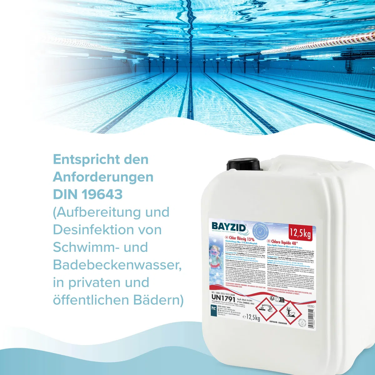Höfer Chemie 12,5 kg Pool Flüssigchlor BAYZID - mit 13 bis 15% Aktivchlorgehalt zur Poolpflege und Wasserdesinfektion - Made in Germany