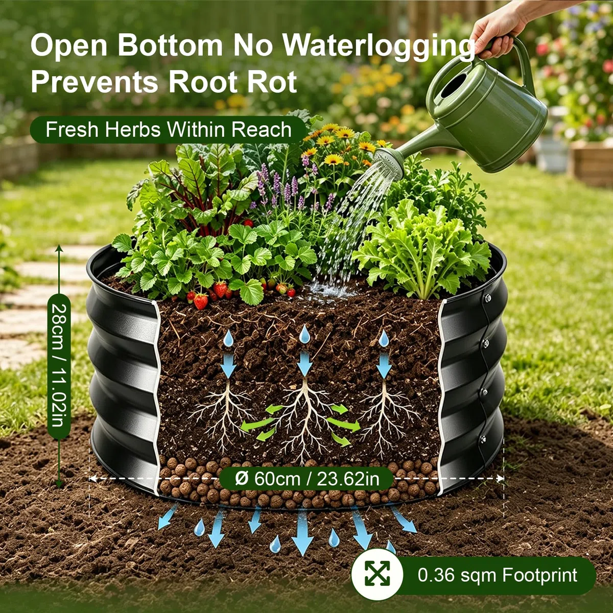 2er Innenhof Rund Hochbeet Metall,Wetterfest Hochbeete für Garten60x60x28cm | Rostbeständig Verzinkte Kleines Hochbeet,Bodenloser Pflanzring mit Gummikante,Kräuterbeet für Pflanzen Gemüse, Blumen