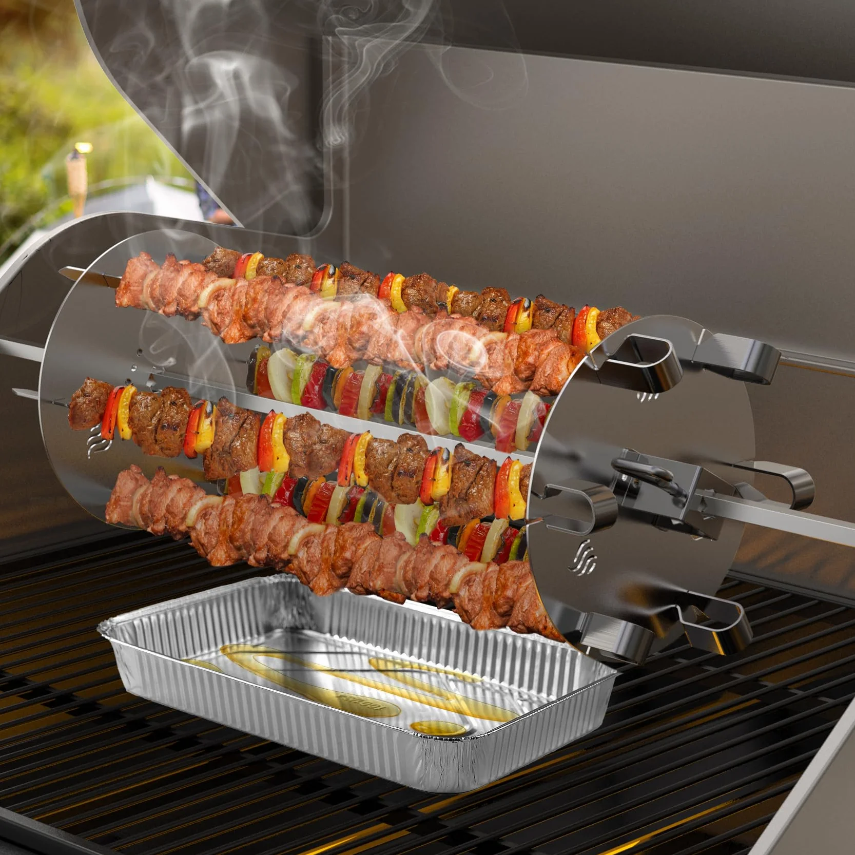 onlyfire Universal Drehbar Grillspieß System Rotisserie Nadel Set, Edelstahl Rondell Grillspiessgestell für Drehspieße, passt für Alle Drehspieße, mit 6 Langen 41cm Spießen, Ø16cm
