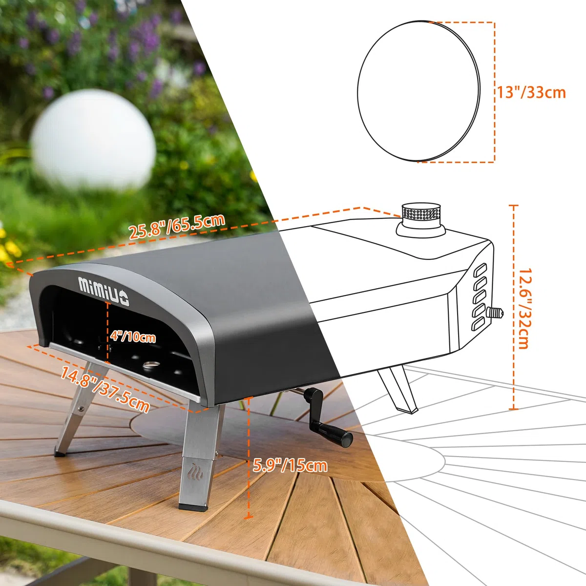 Mimiuo Gas Pizzaofen mit Drehfunktion und Gasdruckregler, Tragbarer Gasofen für Garten, 33cm Pizzastein