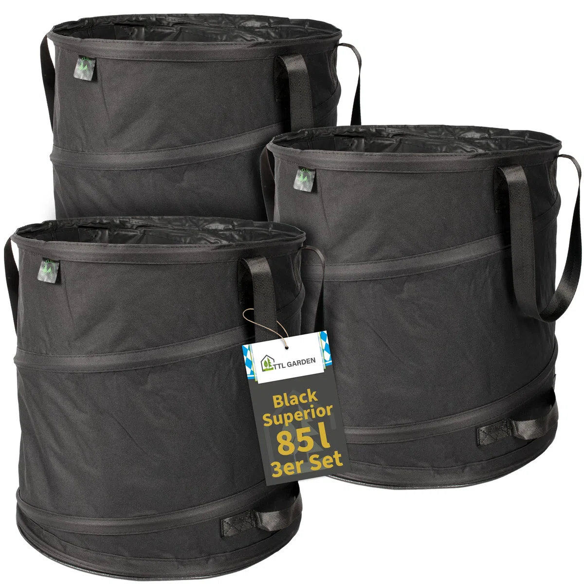 TTL GARDEN BLACK SUPERIOR 3x 85L Pop Up Gartensack - DOPPELTER BODEN 260gsm extra stabil 600D Oxford 3er Set 85 Liter Gartenabfallsack Laubsack faltbar Grünschnitt Garten Abfall selbstaufstellend
