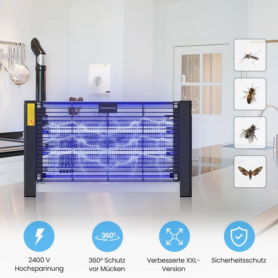 Insektenvernichter Elektrisch, mit Doppeltem Raster, XXL, 2400 V 20W, 2 T8-Lampen, Innenbereich Mückenfalle, Fliegenfalle, Mückenlampe, Hakendesign, geeignet für Haus, Terrasse