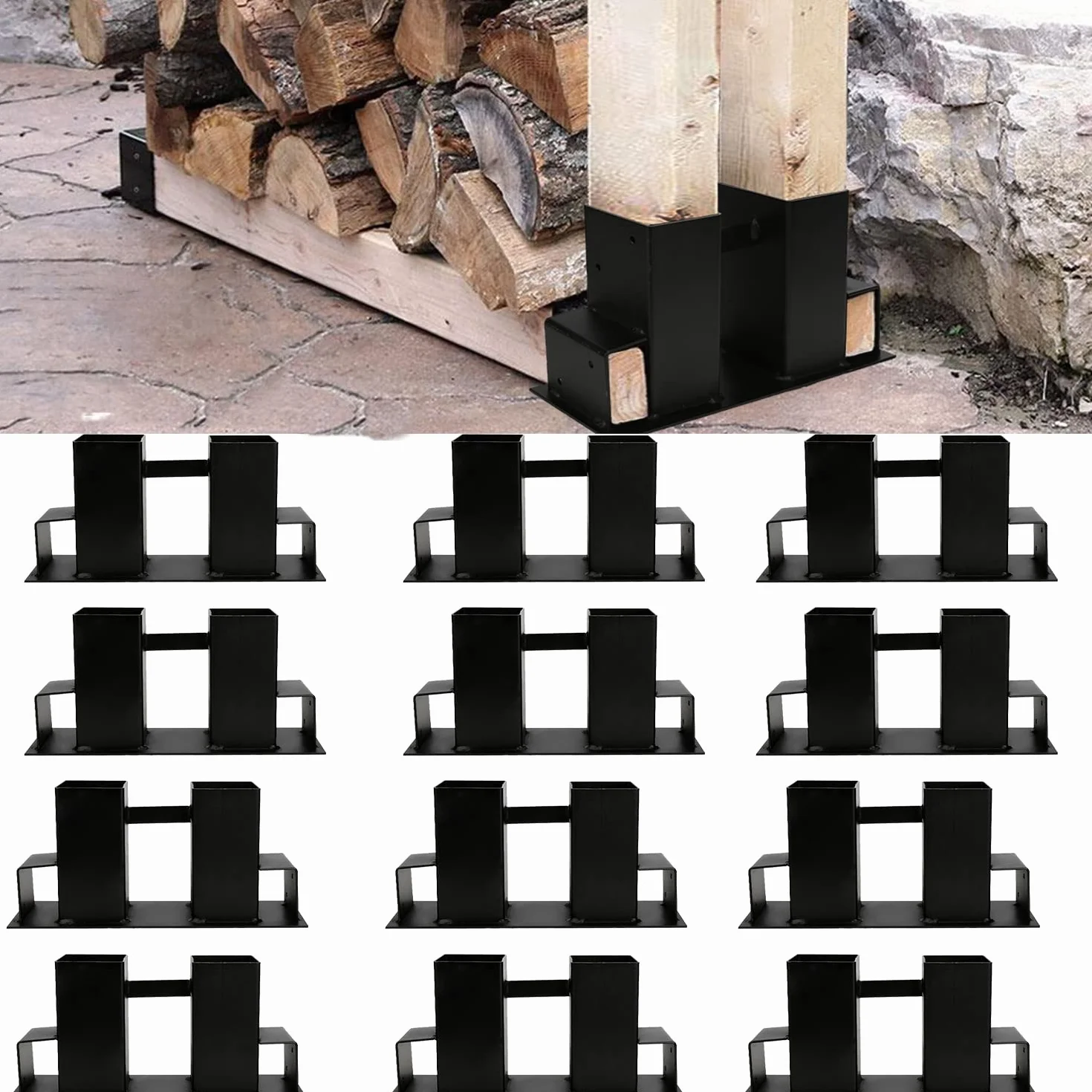 Jopassy 8er Set Holzstapelhilfe, Stabile Brennholz Stapelhilfe, Feuerverzinkt Holzstapelhalter, kaminholz stapelhilfe, Verstellbare Holzstapelhilfe, DIY Holzunterstand für Kanthölzer,schwarz