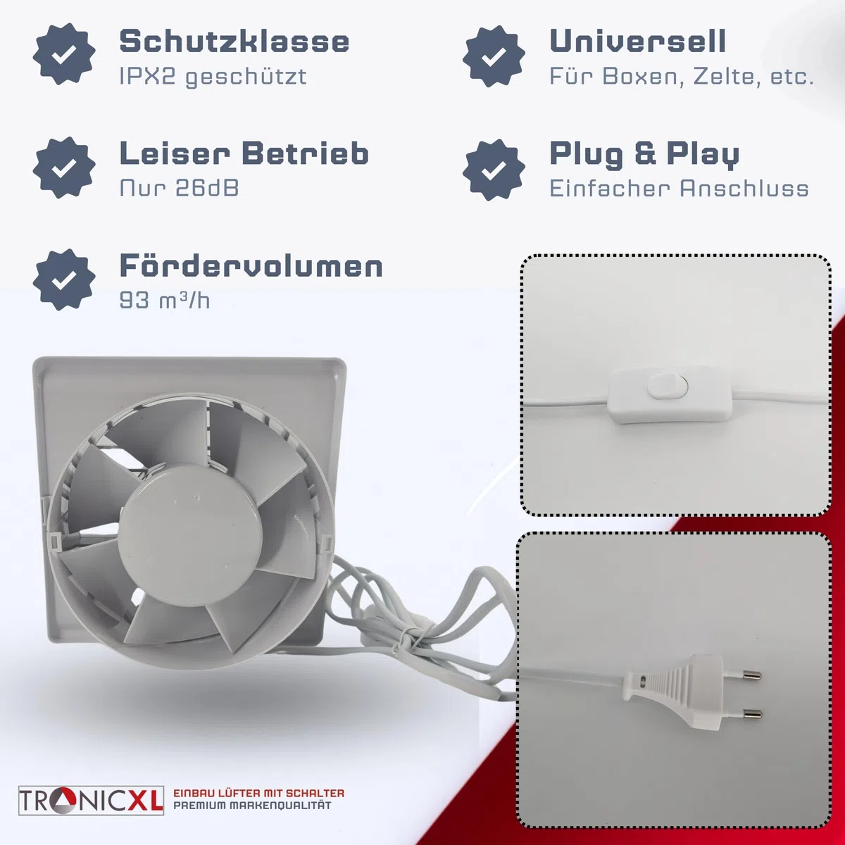 TronicXL 100mm Abluft/Zuluft Grow Lüfter Ventilator mit Netzstecker und Schalter für Homebox Growbox Growschrank Secret Jardin GrowPro DiamondBox Zelsius Mars Hydro etc.