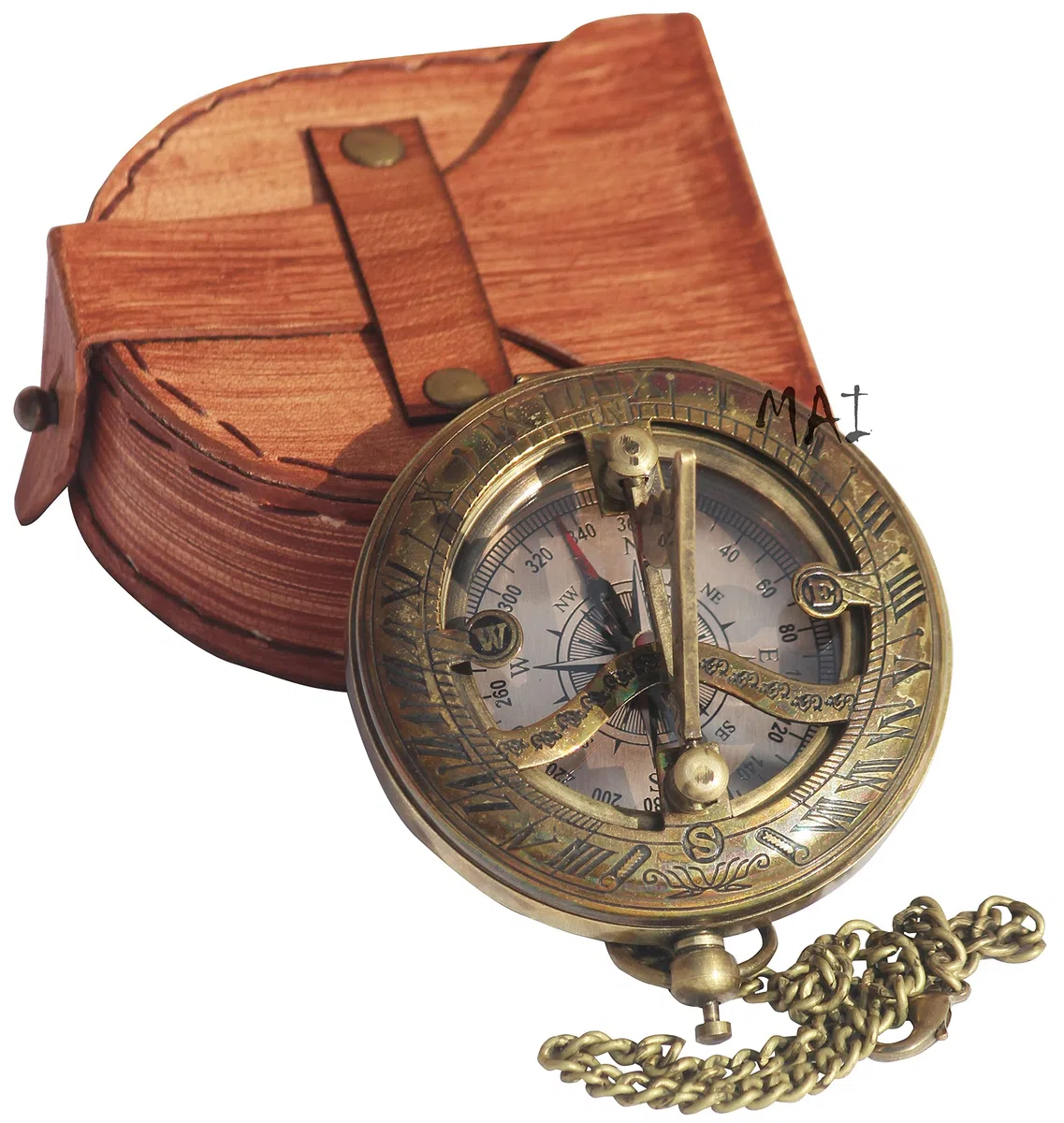 Sonnenuhr-Kompass aus Messing mit Ledergehäuse und Kette – Push-Open Kompass - Steampunk-Zubehör – antiker Vintage-Stil für Camping, Wandern, schönes handgefertigtes Geschenk – Sonnenuhr Steampunk