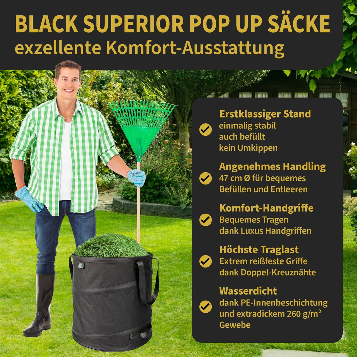TTL GARDEN BLACK SUPERIOR 3x 85L Pop Up Gartensack - DOPPELTER BODEN 260gsm extra stabil 600D Oxford 3er Set 85 Liter Gartenabfallsack Laubsack faltbar Grünschnitt Garten Abfall selbstaufstellend