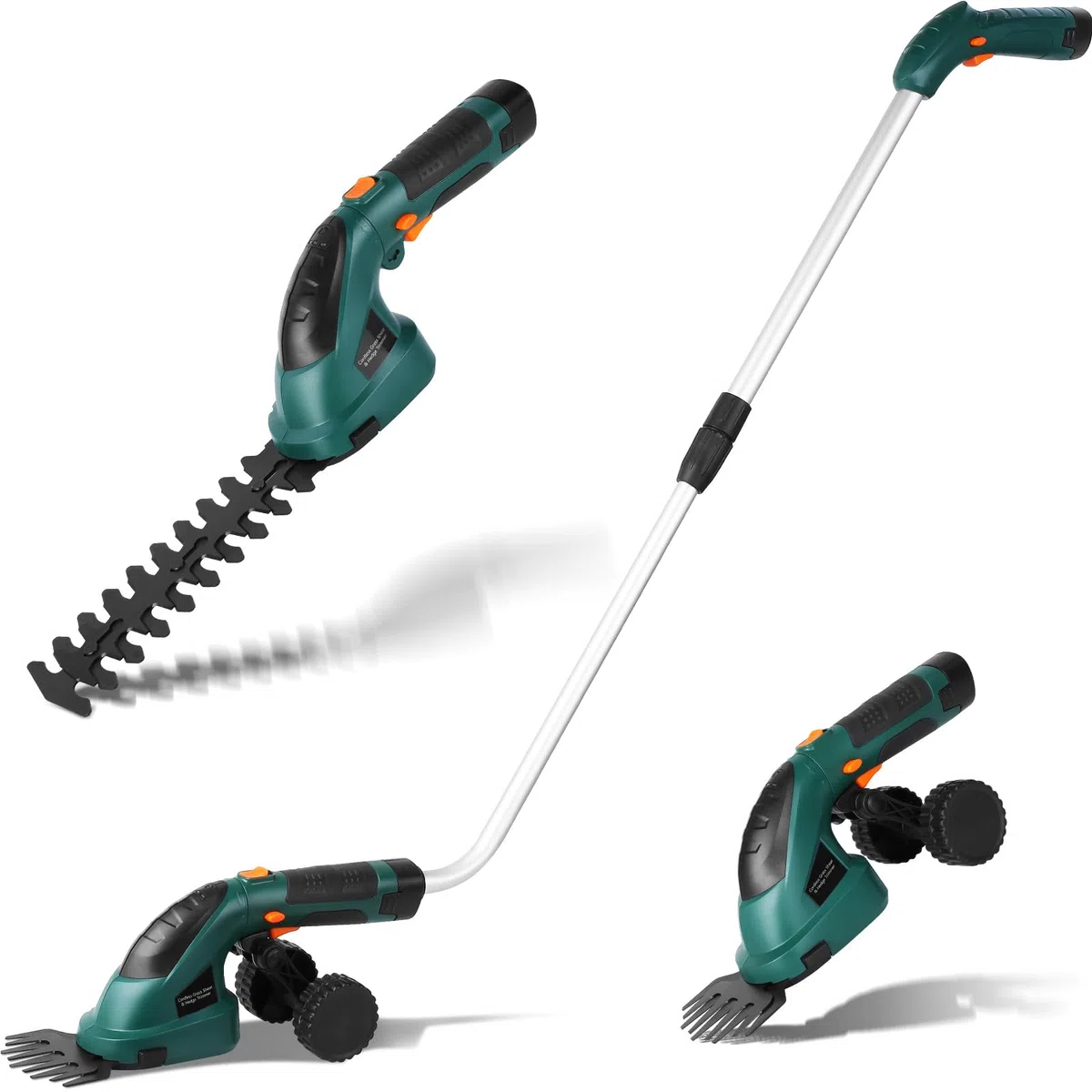 LIFERUN Grasschere mit Akku 7,2V 2000mAh, 2 in 1 Strauchschere akku, Rasenschere mit Teleskopstiel/stiel, elektrische Rasenschere, für Garten, Rasenkanten, Strauchschnitt, Gras mähen, Grün