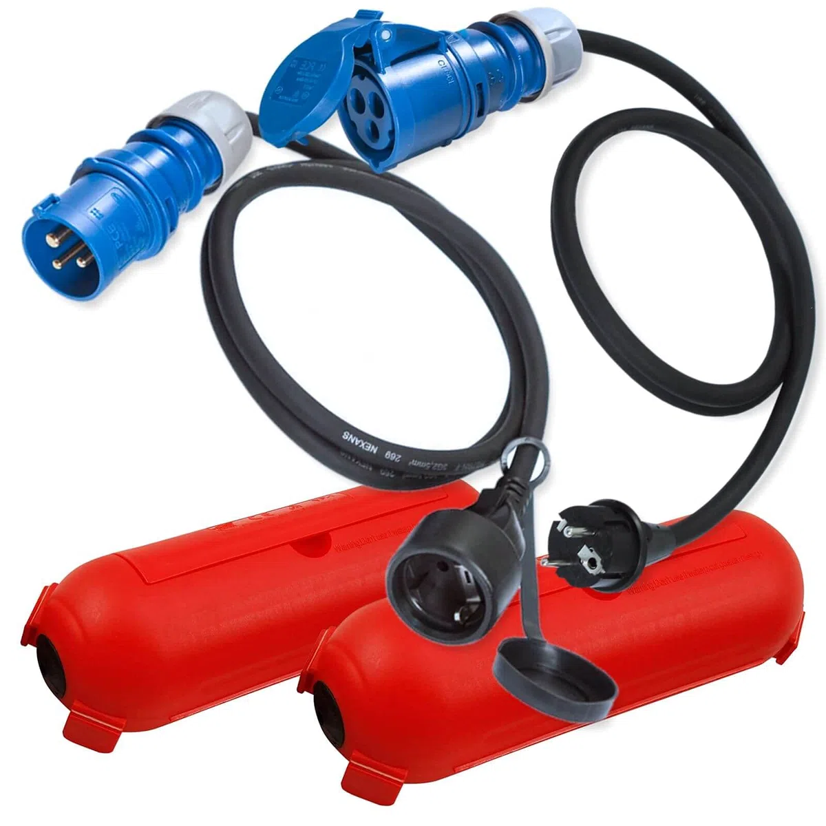 CEE Schuko Adapter Stecker Kupplung 1,5m Schutzbox/Kabelbox Set Rot - Camping Zubehör Boot Wohnmobil Wohnwagen Garten - Gummikabel H07RN-F 3x2,5mm² 230V 16A Strom Adapter/Adapterkabel blau