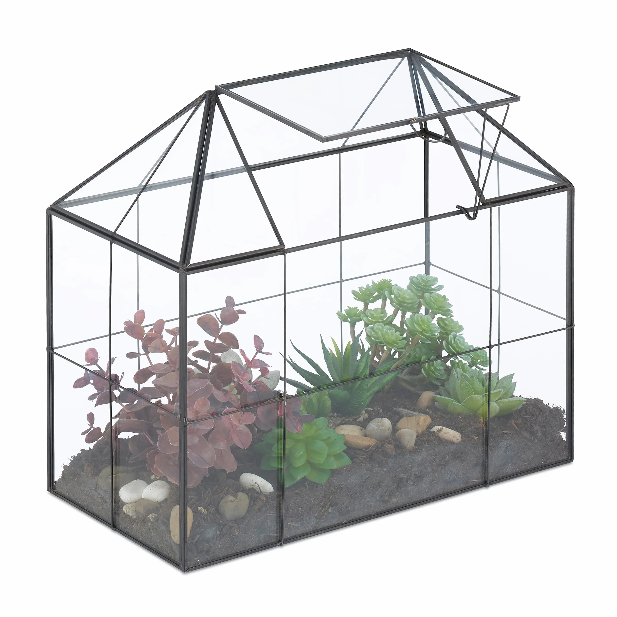 Relaxdays Pflanzenterrarium, Glas & Kupfer, 27x30x15 cm, Deko Glashaus Kakteen & Moos, Glaskasten Fensterbank, schwarz