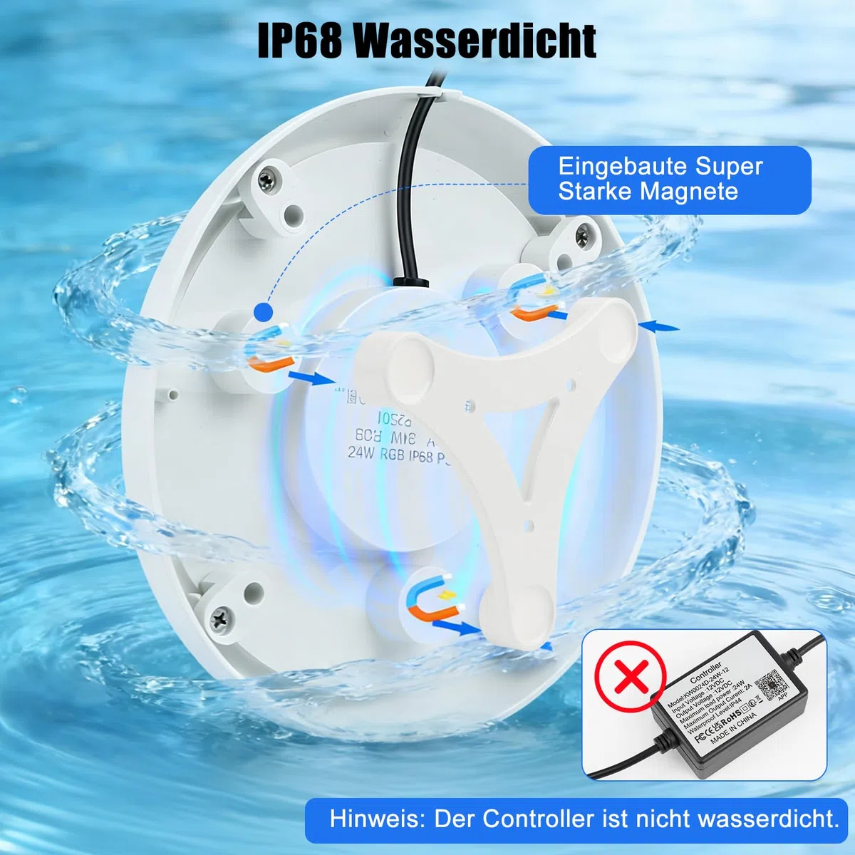 COOLWEST RGB LED Poolbeleuchtung, 24W Poolscheinwerfer mit Magnet, Pool Lichter Unterwasser mit APP-Kontrolle IP68 Wasserdicht für Stahlwandpools, Aufstellpool, Framepools, 7m Kabel, 12V, Dimmbar