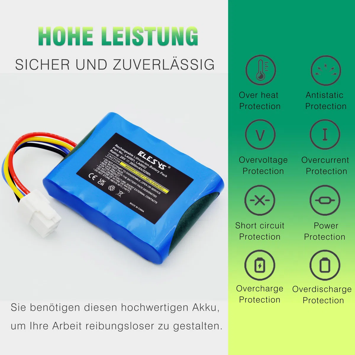 BLESYS Akku für Landxcape Mähroboter LX790i LX790 LX792 LX795 LX796 LX797 LX835 LX991 Ferrex 800 m2 2021, Ersatzakku Modell LA0001 LA0002 WA3230 WA3231[20V, 2600mAh]