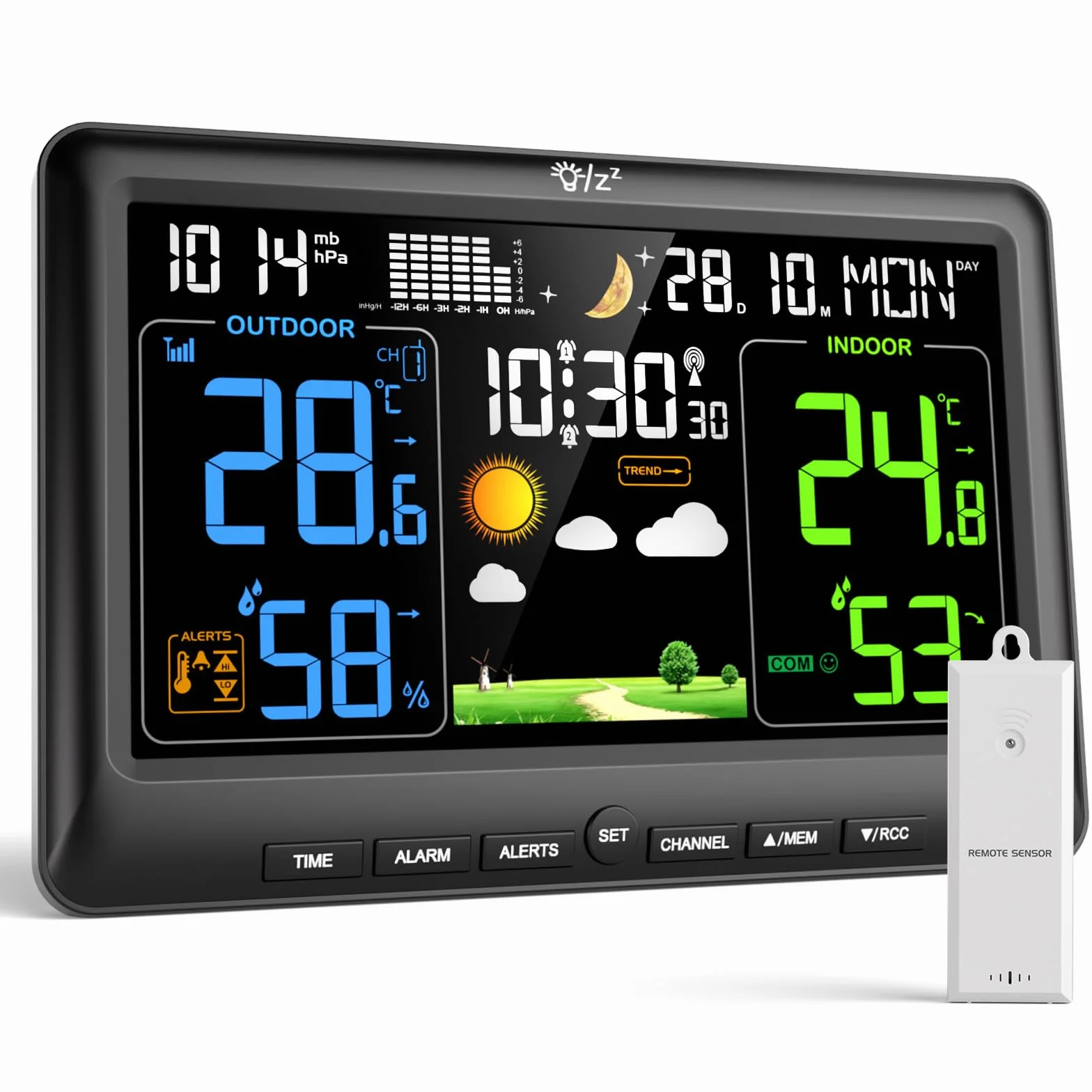 LIORQUE Wetterstation Funk mit 1 Außensensor Innen und Außen Funkwetterstation Digital Thermometer Hygrometer mit Wettervorhersage DCF-Funkuhr Weather Station für Zuhause Büro Hausgarten