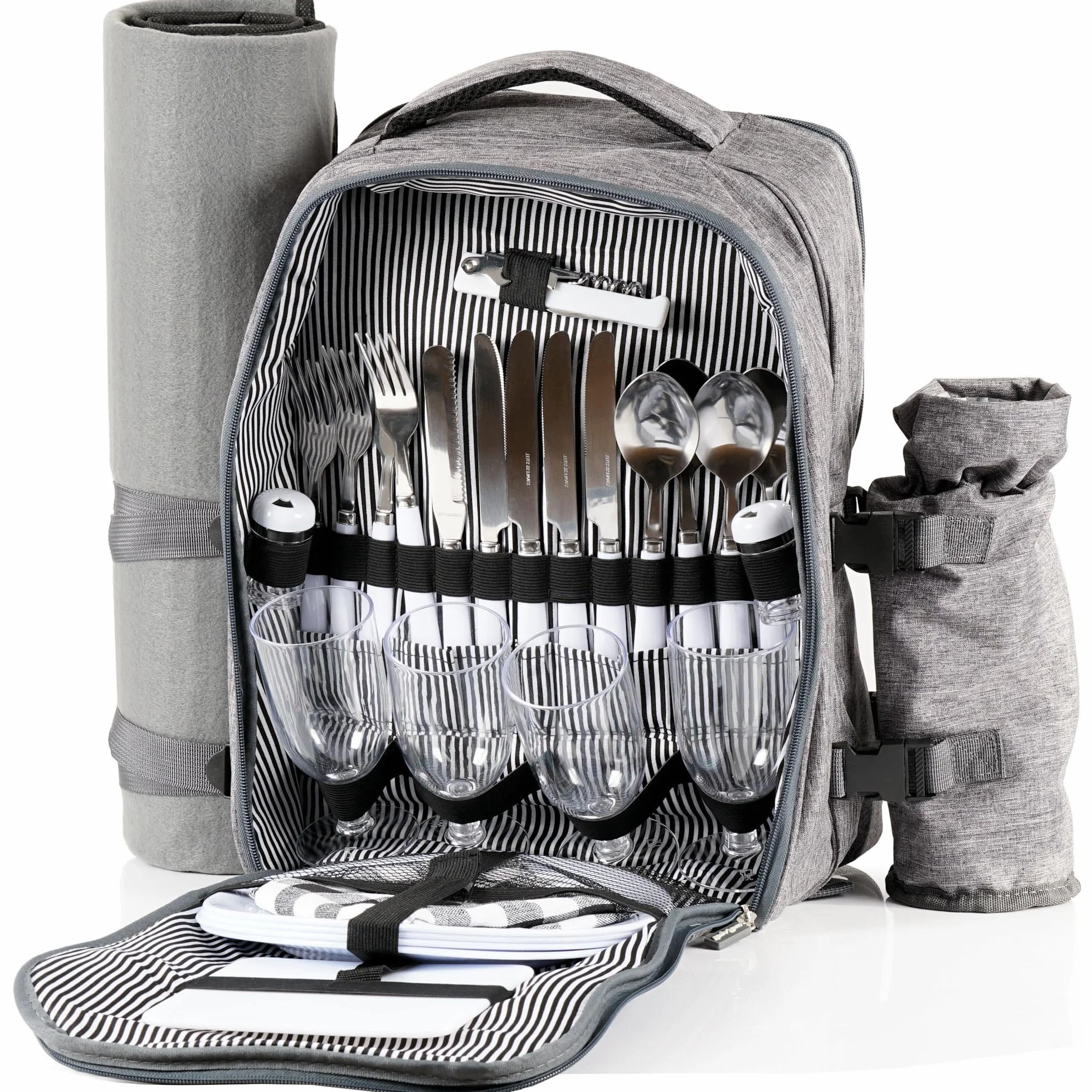 CampFeuer Picknickrucksack für 4 Personen | Grau | Picknickset 32-teilig | inkl. Flaschenhalter und Fleece Decke, großem Kühlfach, Geschirr und Besteck | Wanderrucksack, Campingrucksack