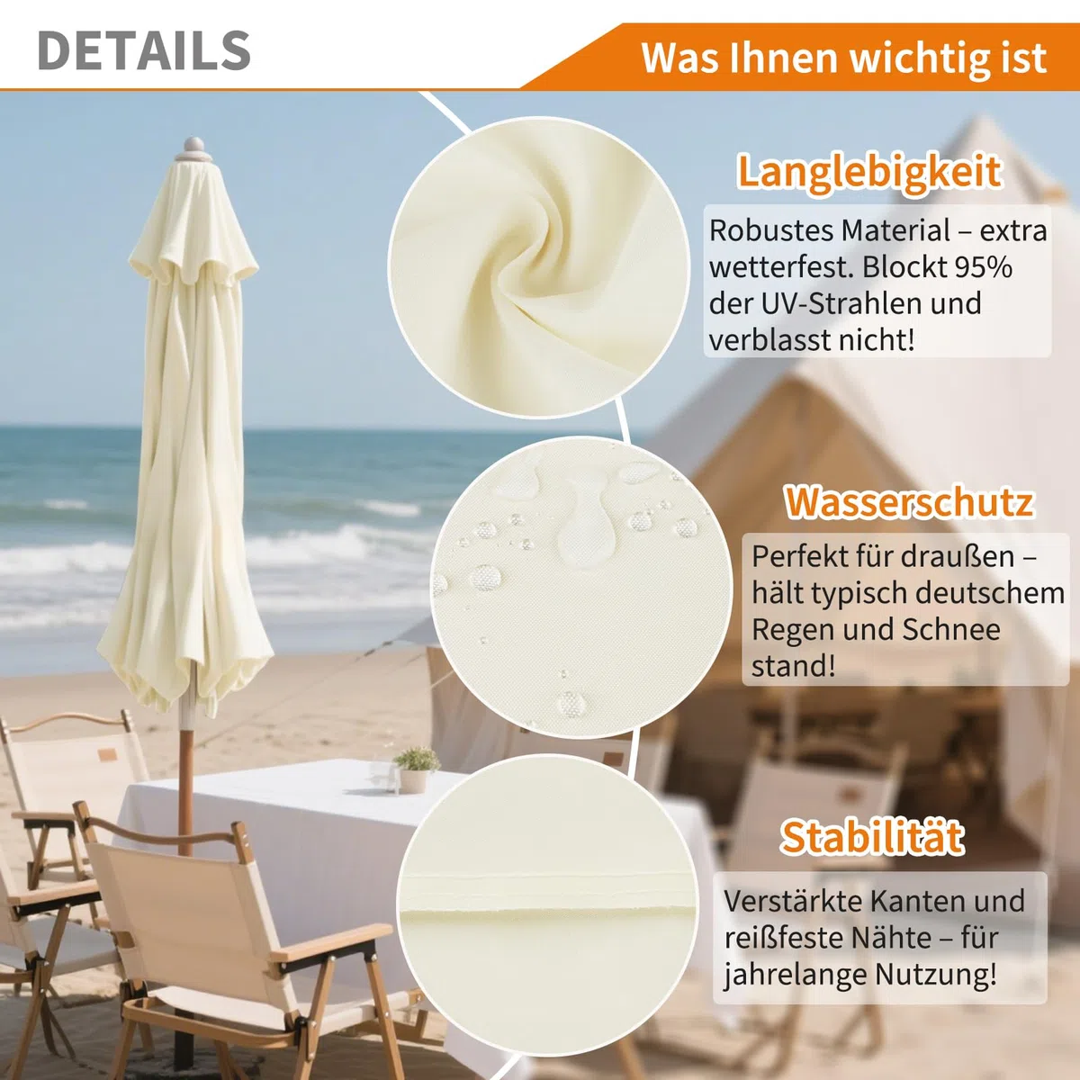 Sonnenschirm Ersatzbezug 3m Durchmesser, 8 Streben, Beige | UV-Schutz & Strapazierfähig, Sonnenschirm Bezug, Gartenschirm Ampelschirm Ersatz Stoffbezug für Hof, Garten, Strand und Pool