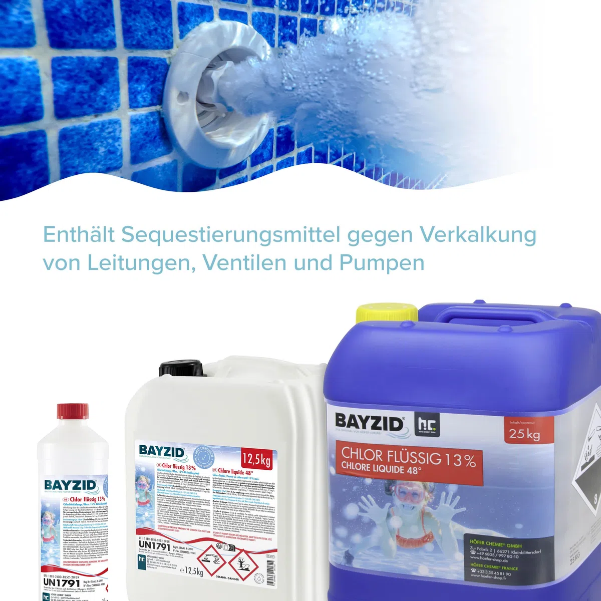 Höfer Chemie 12,5 kg Pool Flüssigchlor BAYZID - mit 13 bis 15% Aktivchlorgehalt zur Poolpflege und Wasserdesinfektion - Made in Germany