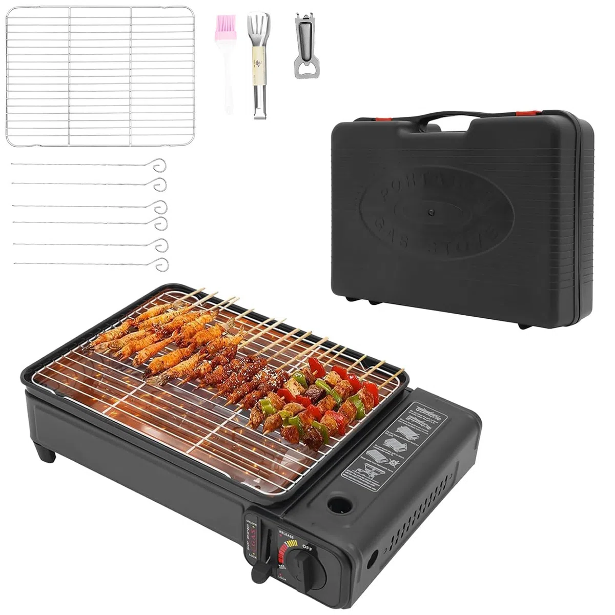 Tragbarer Camping Gasgrill, Gasgrill Klein mit Grillnetz und Koffer, Tischgrill Gas mit Überdruckschutzvorrichtung und Piezo-Zündvorrichtung für Camping, Reisen, Trekking