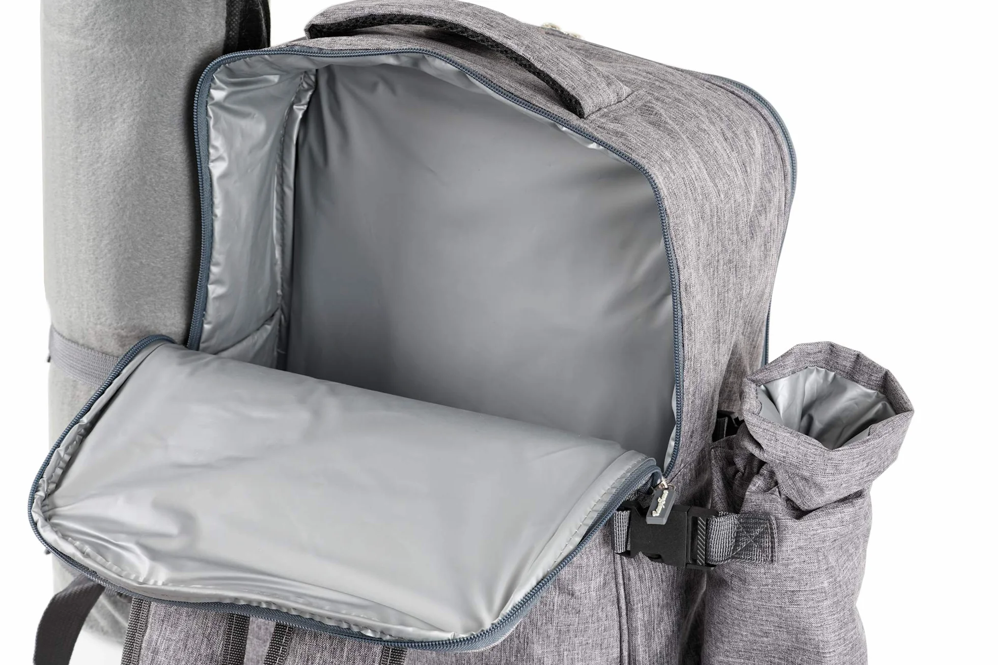 CampFeuer Picknickrucksack für 4 Personen | Grau | Picknickset 32-teilig | inkl. Flaschenhalter und Fleece Decke, großem Kühlfach, Geschirr und Besteck | Wanderrucksack, Campingrucksack