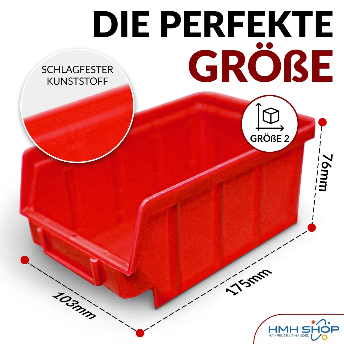 40x Stapelboxen Rot Größe 2 für Werkstatt Garage Sichtlagerboxen (LxBxH) 175x103x76mm Lagerboxen rote Sichtlagerkästen zur Kleinteile Aufbewahrung Stapelbox PP