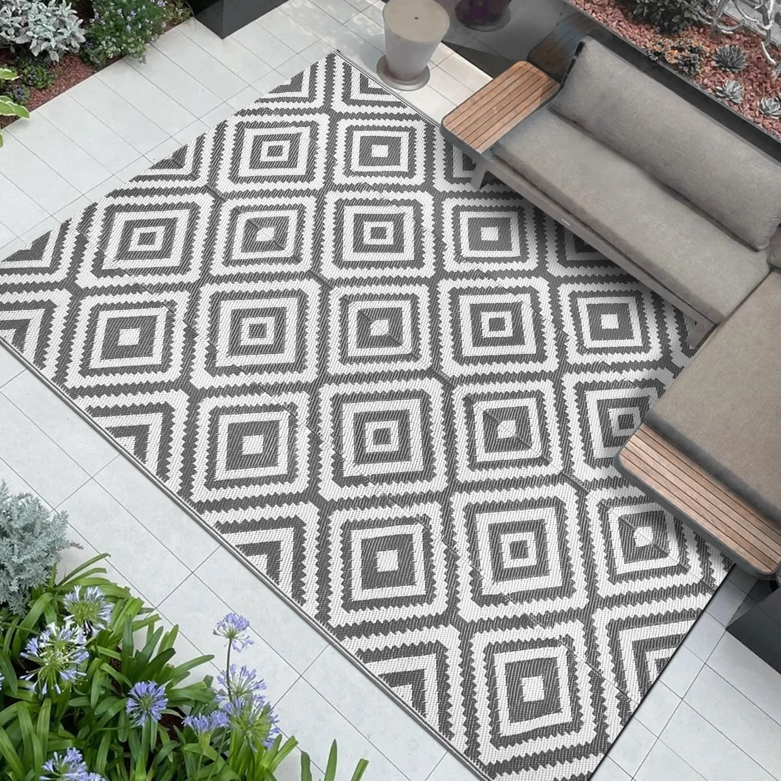 Famibay Outdoor Teppich Wetterfest Outdoor Teppich Balkon Camping Wasserfest Grau Kunststoff Wendbar Leicht Outdoorteppich für Terrasse Garten Balkon Camping Innen Außen