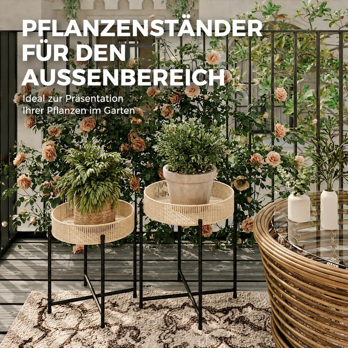 Bamworld Beistelltisch 2er Set Rund Boho Beistelltische mit Rattan Tablett & Metall Gestell Kleiner Tisch für Wohnzimmer Schlafzimmer Balkon Garten Beistelltisch Outdoor Indoor Ø44/40cm Höhe 52/43cm