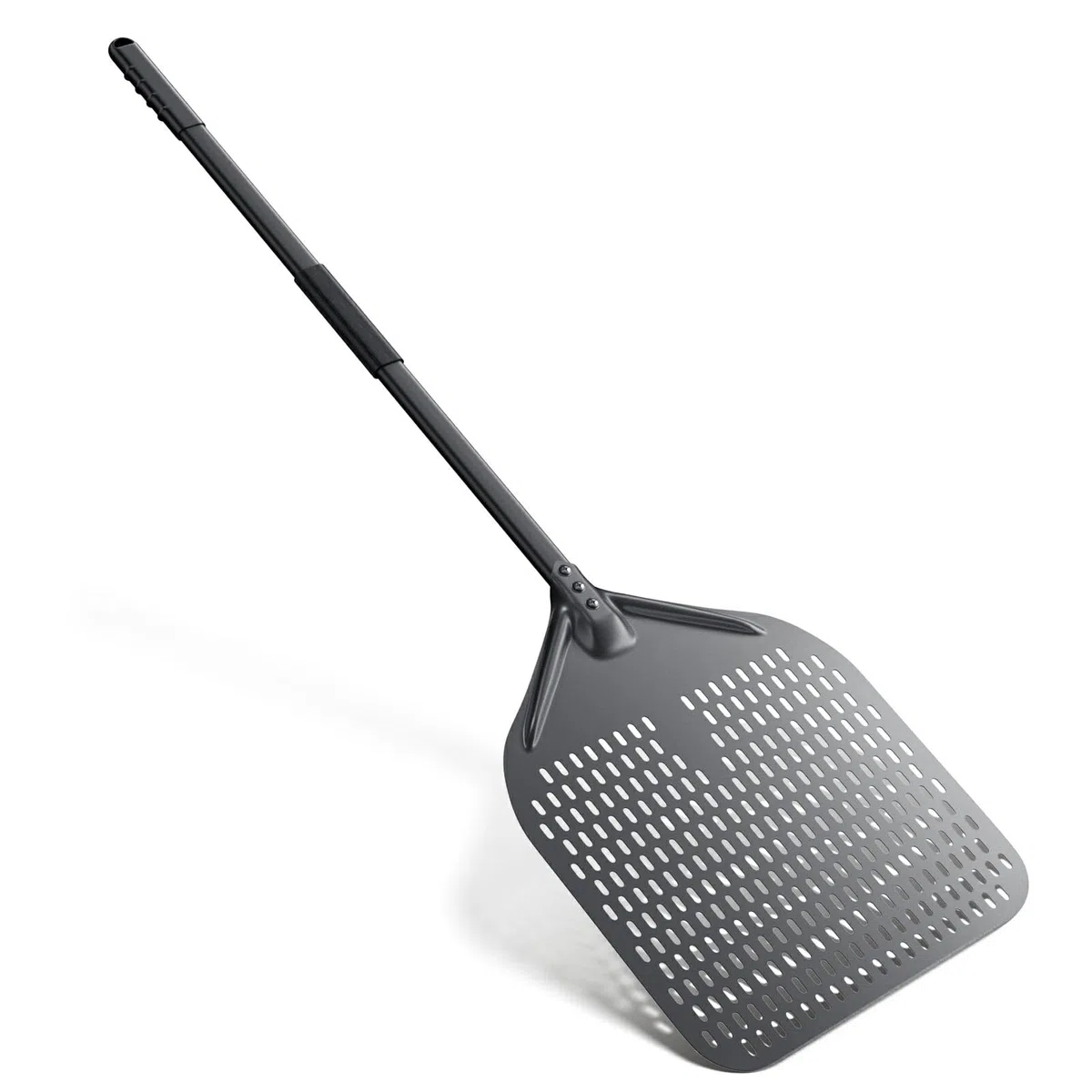 Perforierter Pizzaschaufel aus Harteloxiertem Aluminium zum Leichten Gleiten auf Pizzastein, Rechteckig Großer Fläche & Abnehmbaren Griff für Grill Pizzaofen 34,7cm / Länge 118cm