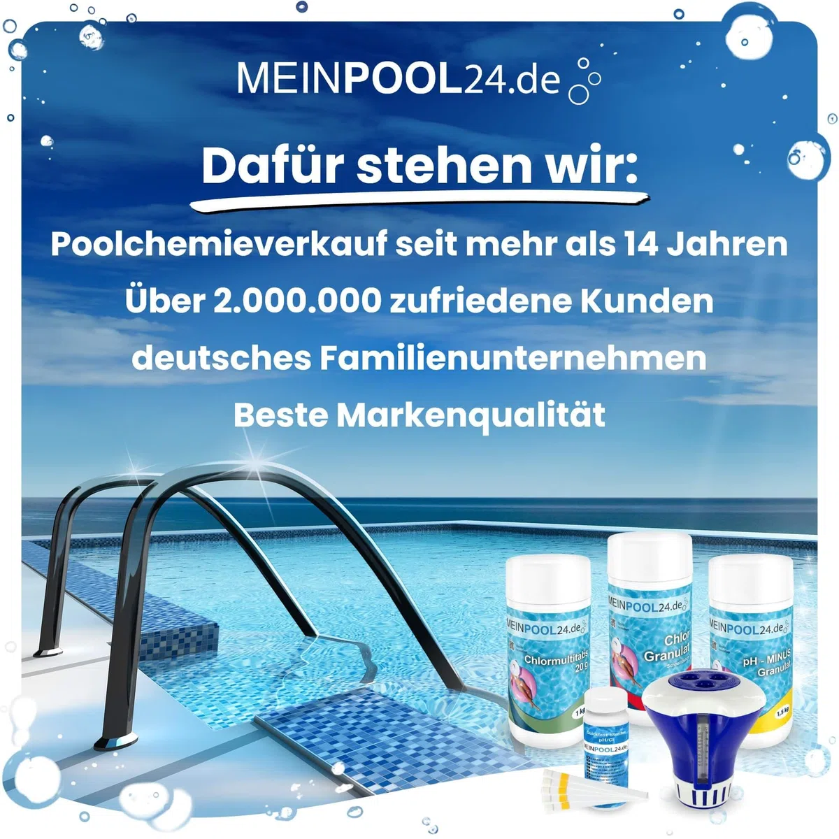 Meinpool24.de Wasserpflege Set Chlor Starterset I 1,0 kg Chlorgranulat schnelllöslich|1,0 kg Chlormultitabs 20 g|1,5kg pH-Minus Granulat|1 Dosierschwimmer|1 Wassertestkit pH/Cl|Wasserpflegeanleitung