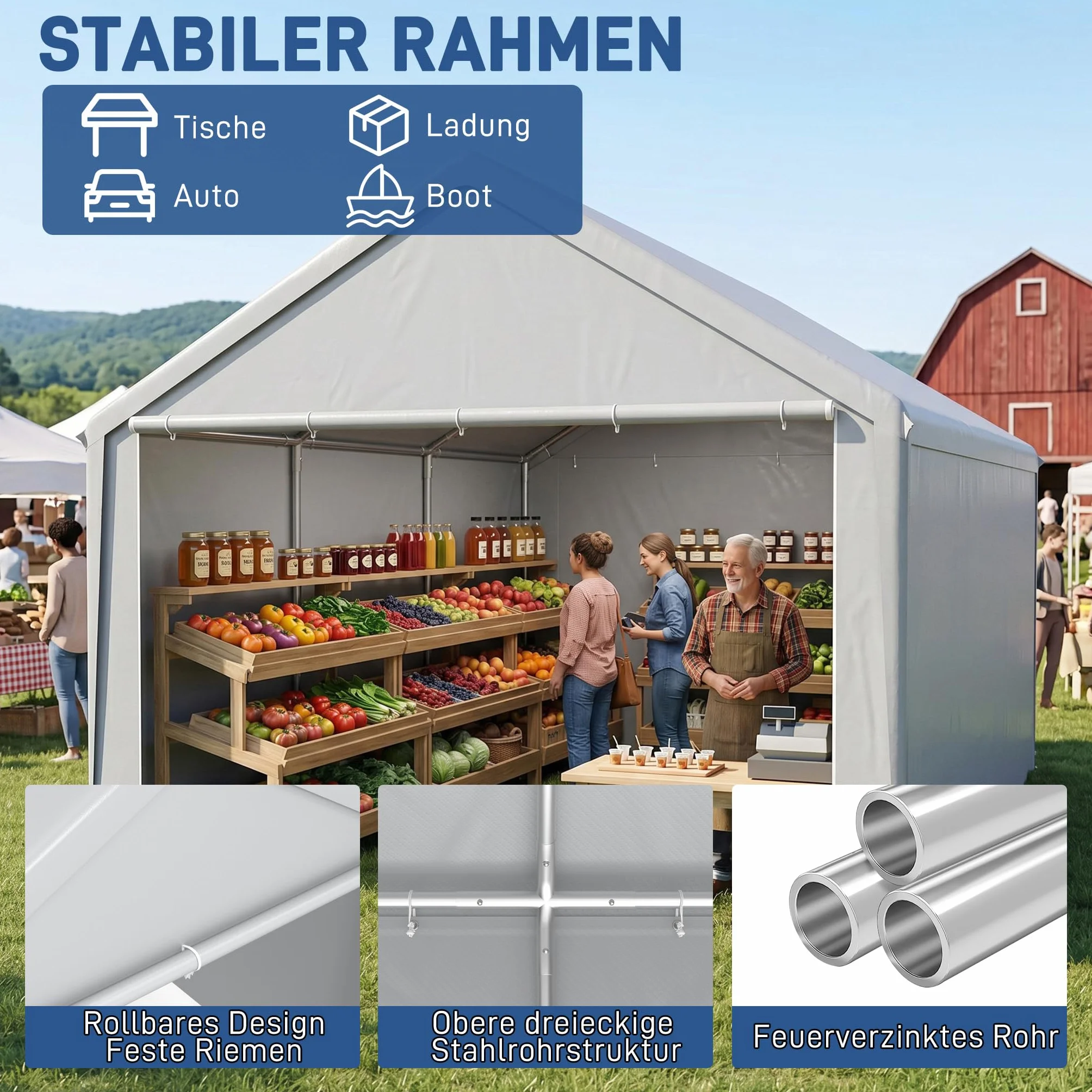 Carport Zeltgarage 4x6m, Lagerzelt mit wetterfester PE Plane, Garagenzelt mit verzinktem Stahlrahmen, mit Erdankern und Abspannseilen, Unterstand für Auto, Geräte und Gartenbedarf, Grau