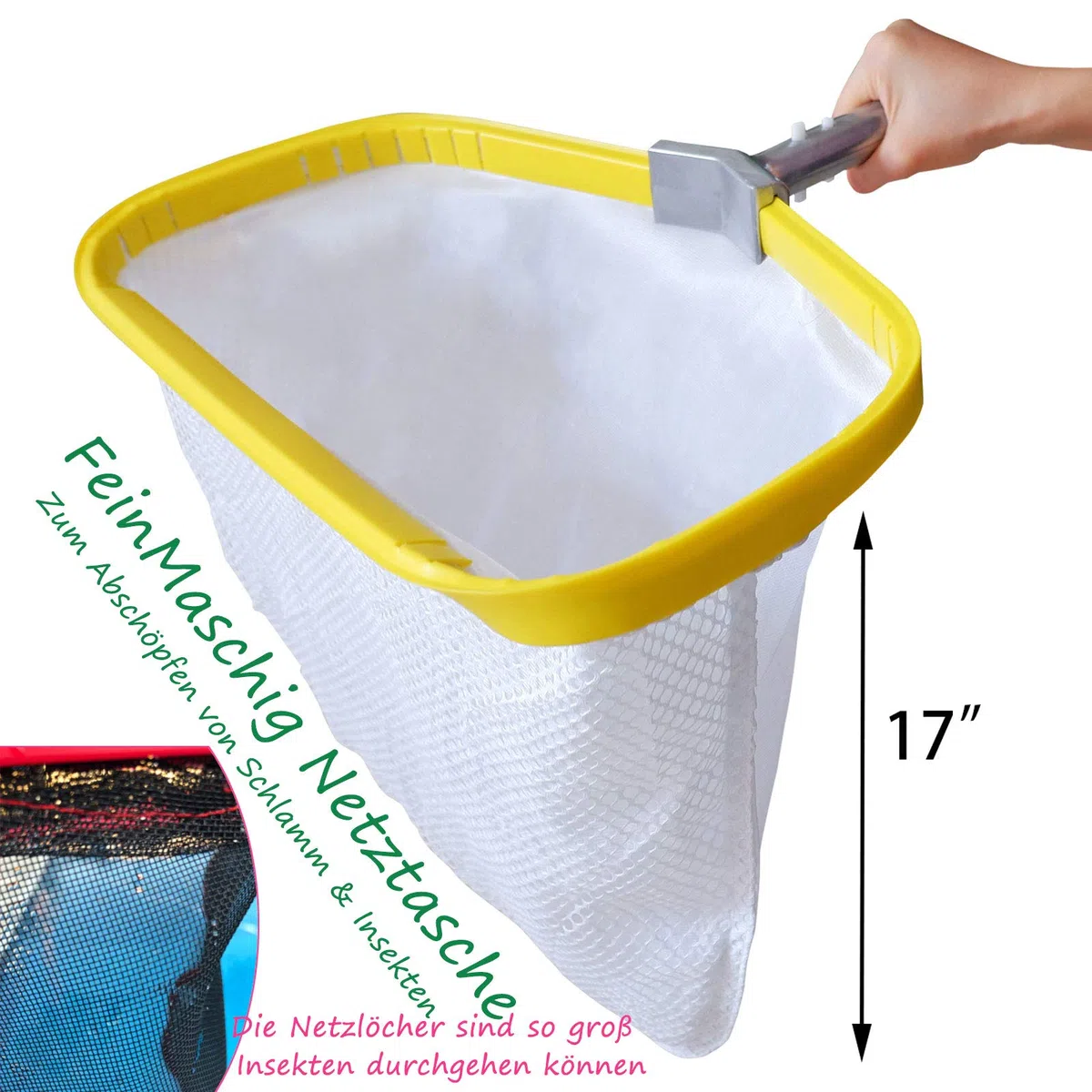 Professionellen Metall Pool Kescher, Schwerlast Laub Käscher mit AluminiumRahmen, FeinMaschig Tiefen Netz für Reinigung Schwimmbad Blátter Insekten Schlamm, Pool Skimmer Rake Net
