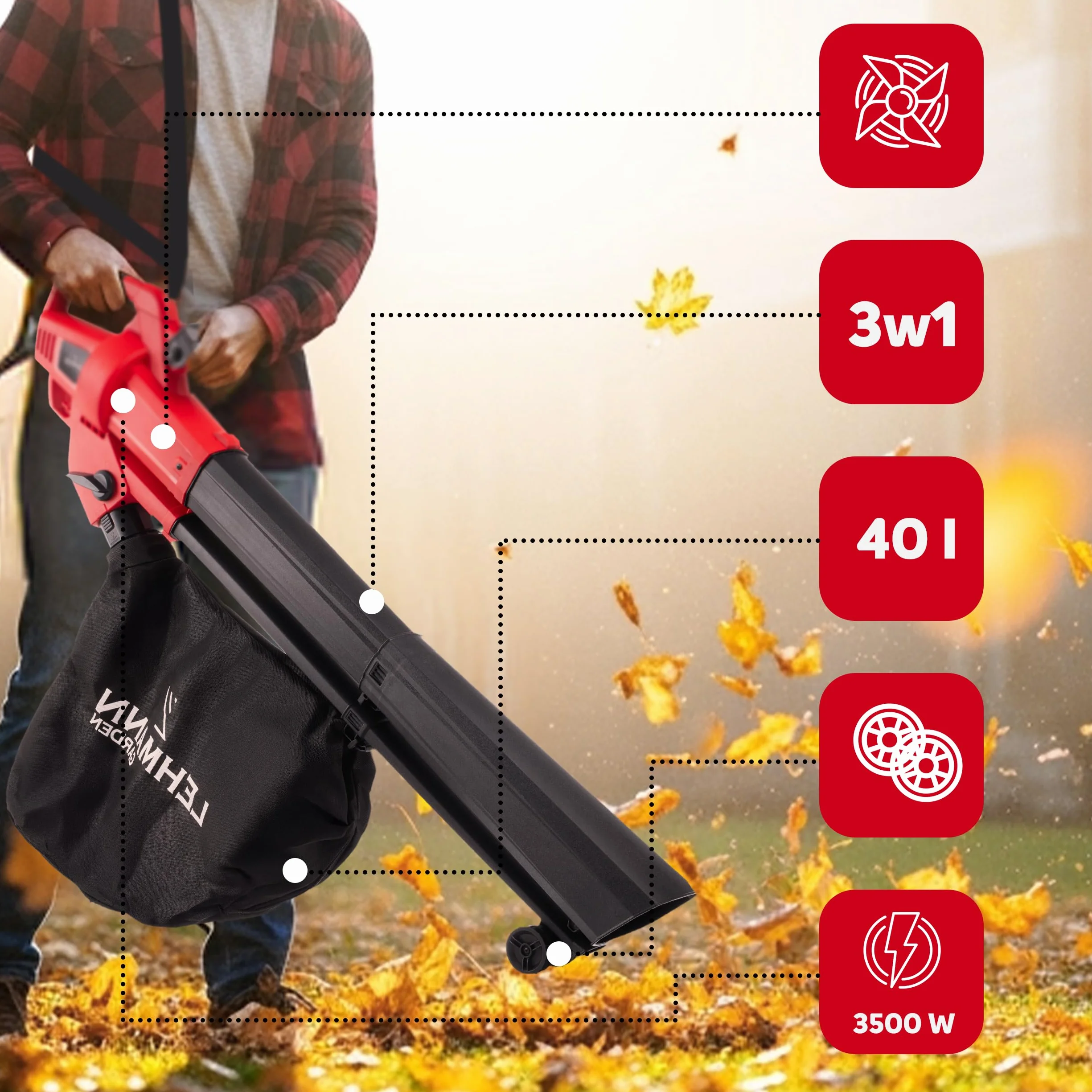 LEHMANN Elektro Laubbläser 3-in-1, Laubsauger mit Häcksler, 3500W, Häcksel-, Saug- und Blasfunktion in einem, 270 km/h Blasgeschwindigkeit, 15.000 U/min, Fangsack 40L, Tragegurt & Räder