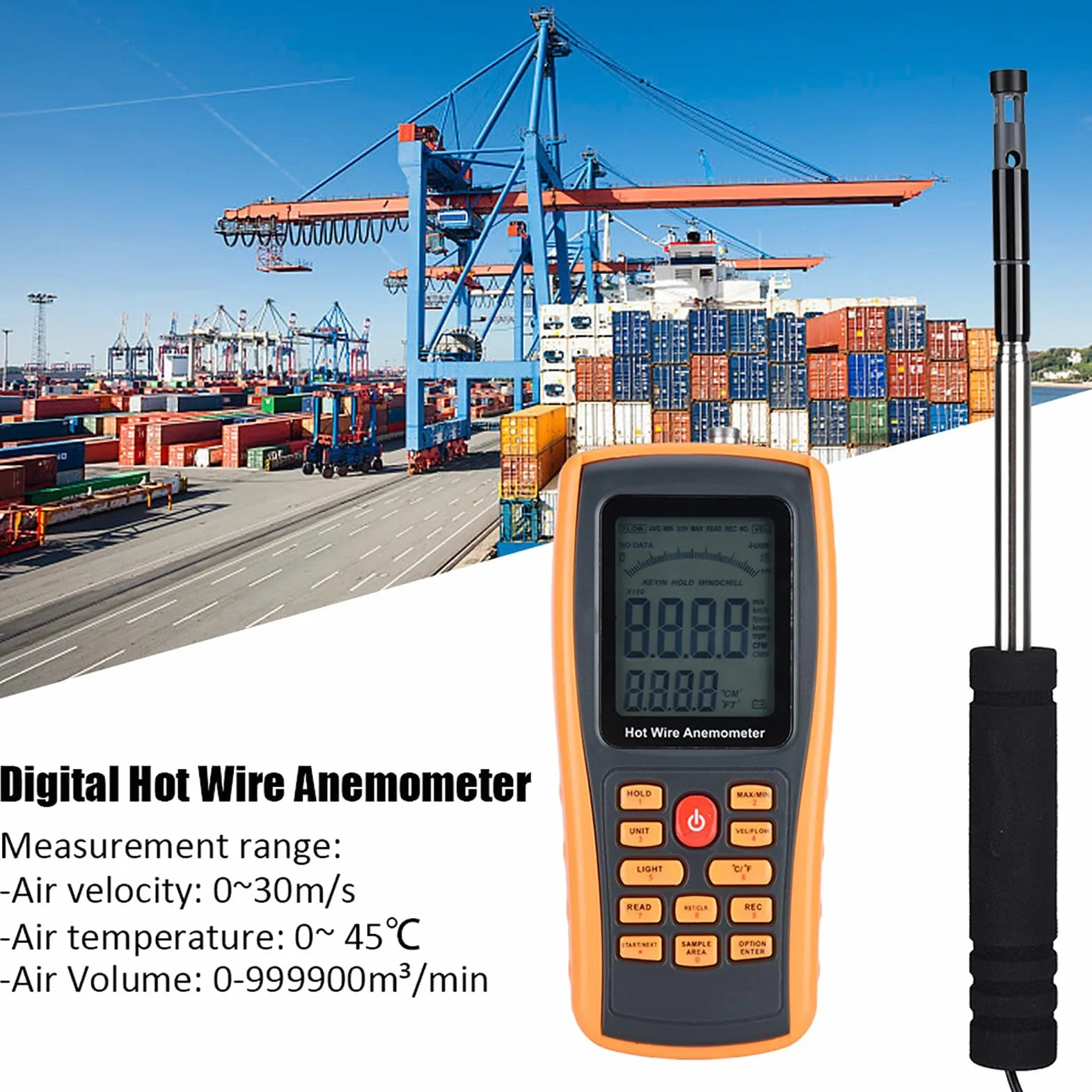 Tragbares Digitales Heißdraht-Anemometer, Windgeschwindigkeits- und Temperaturmessgerät, 500 Datenspeicher, LCD-Hintergrundbeleuchtung