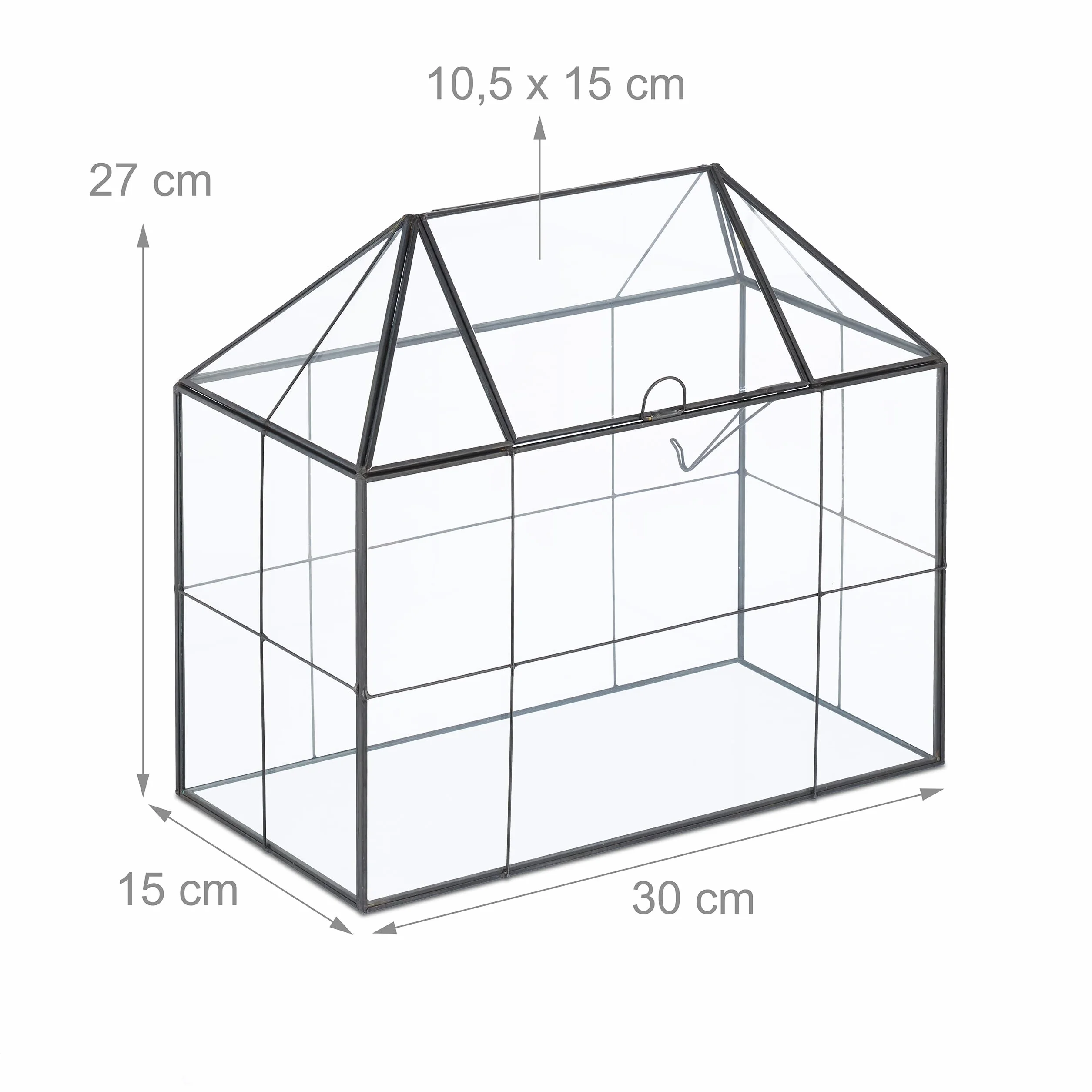 Relaxdays Pflanzenterrarium, Glas & Kupfer, 27x30x15 cm, Deko Glashaus Kakteen & Moos, Glaskasten Fensterbank, schwarz