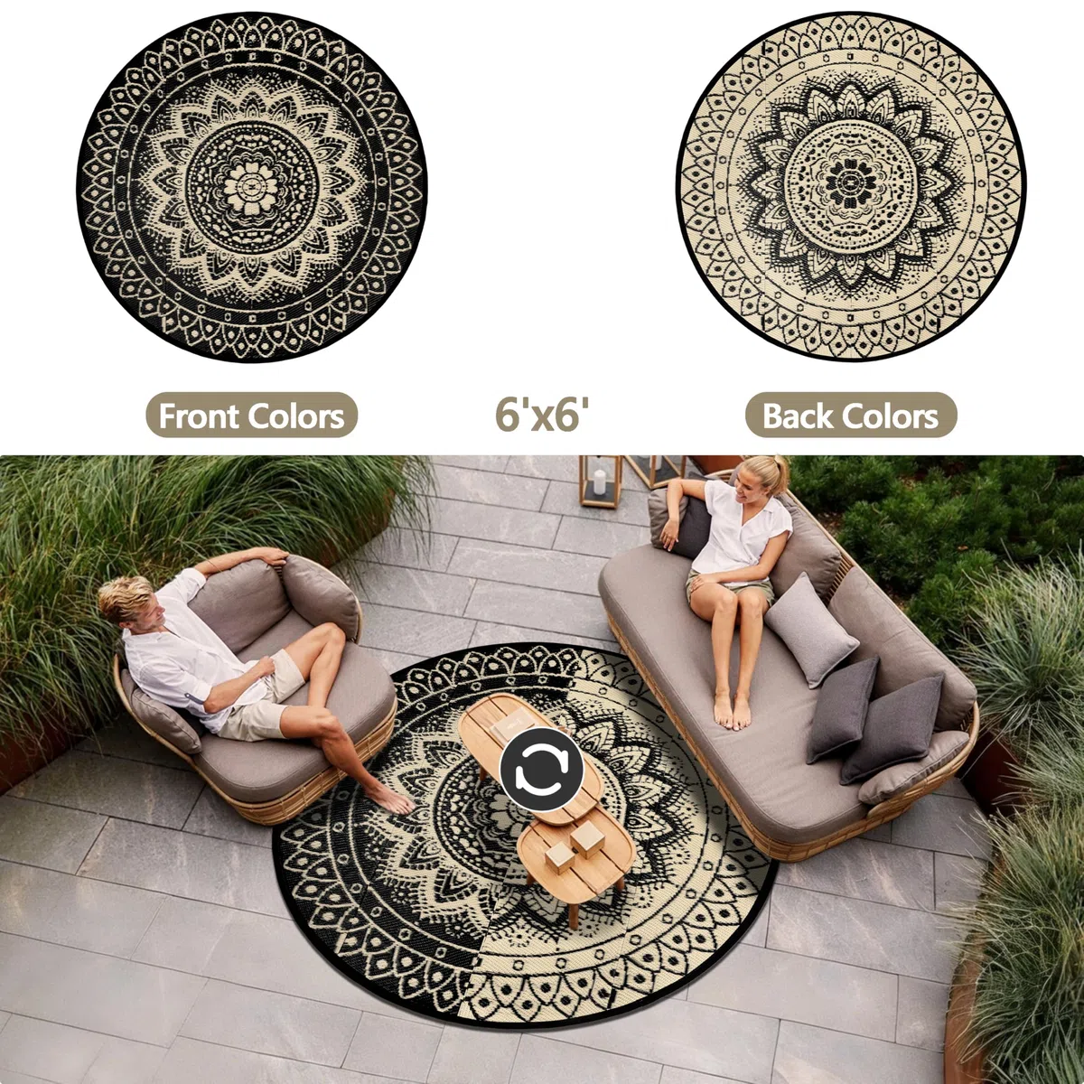 Outdoor Teppich Rund Wetterfest Wendbarer Außenteppich Kunststoff Bodenmatte Terrassenteppich Picknickdecke UV-beständige Teppich für RV Camping BBQ Patio Deck Balkon Strand, 180cm Schwarz/Braun