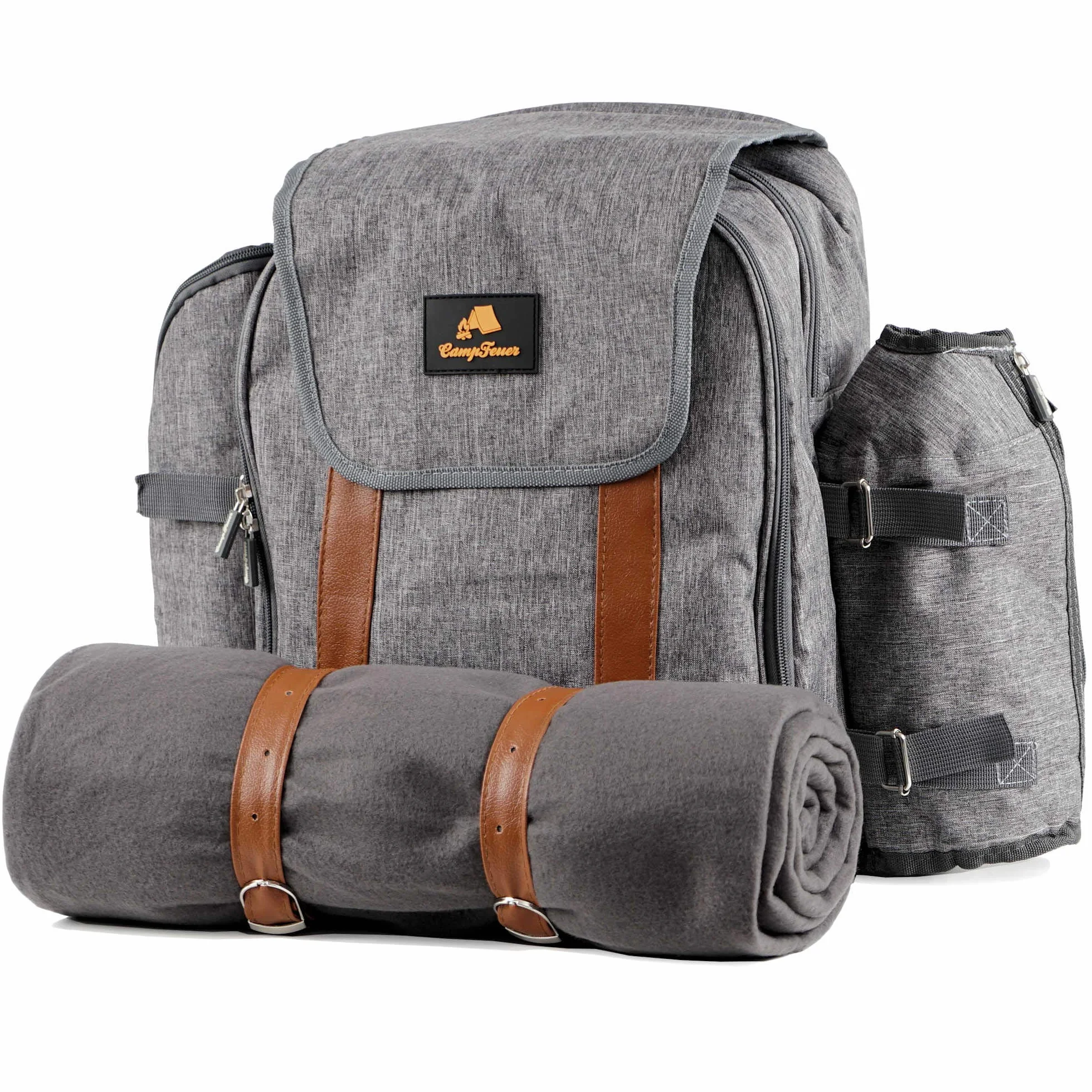 CampFeuer Picknickrucksack für 4 Personen | Picknickset 32-teilig | grau | mit Flaschenhalter, Picknickdecke, großem Kühlfach, Geschirr und Besteck | Rucksack mit Campinggeschirr, Picknickset