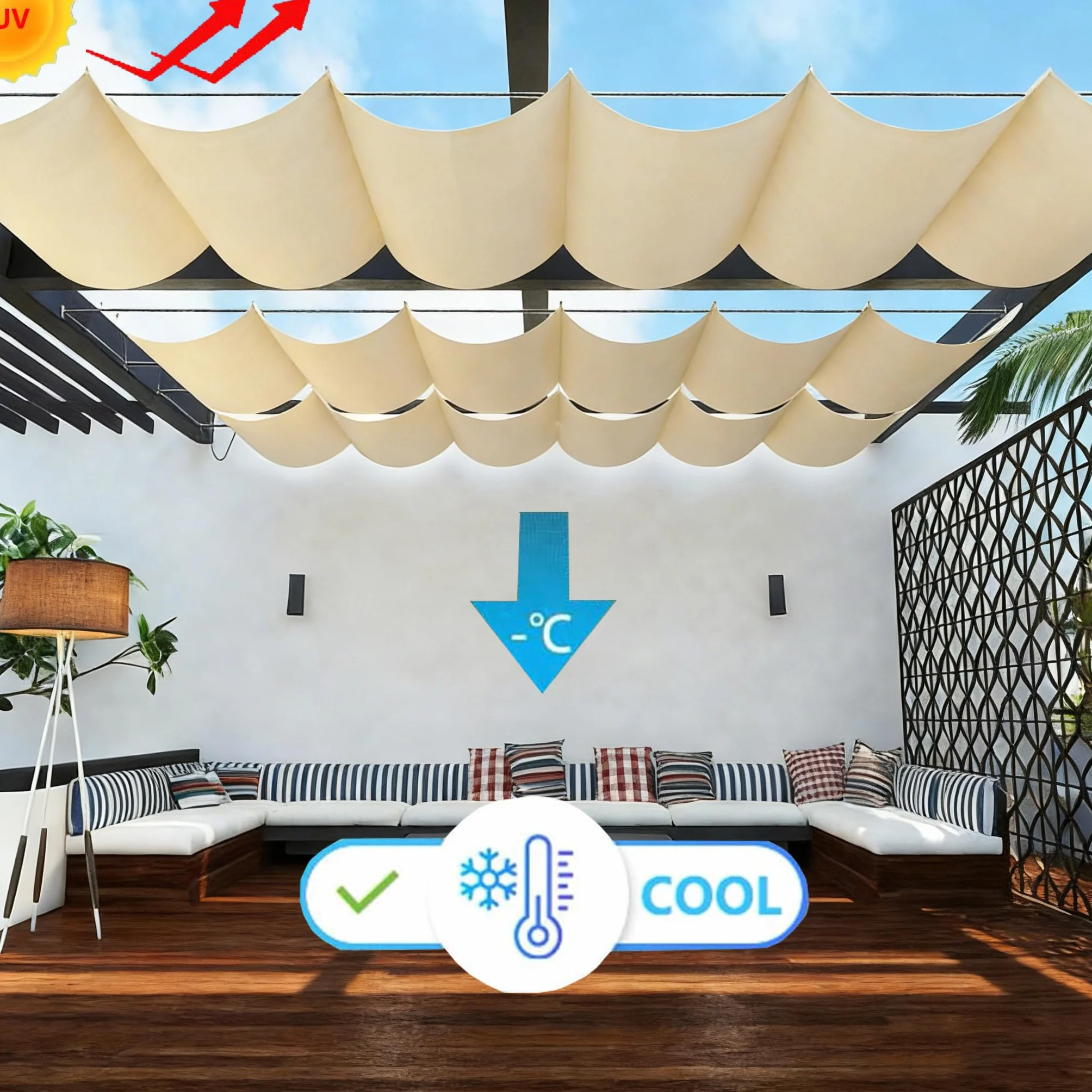 Einziehbare Welle Sonnensegel Nach Maß Wellenmarkise Verstellbar Segeltuch mit Ösen und Kordel Markisenstoff UV-Schutz Sonnenschutz Wasserdicht für Garten Pergola Balkon Terrasse 1x3M Creme