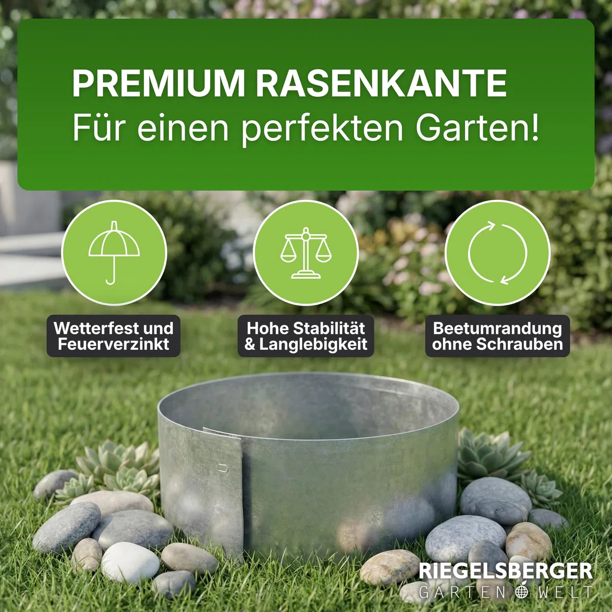 Gartenwelt Riegelsberger Rasenkante Kreis Metall Ø 30 cm – 4 Stück Baumeinfassung aus feuerverzinktem Stahl, Höhe 13 cm, robuste Beetumrandung & Mähkante, silberfarben