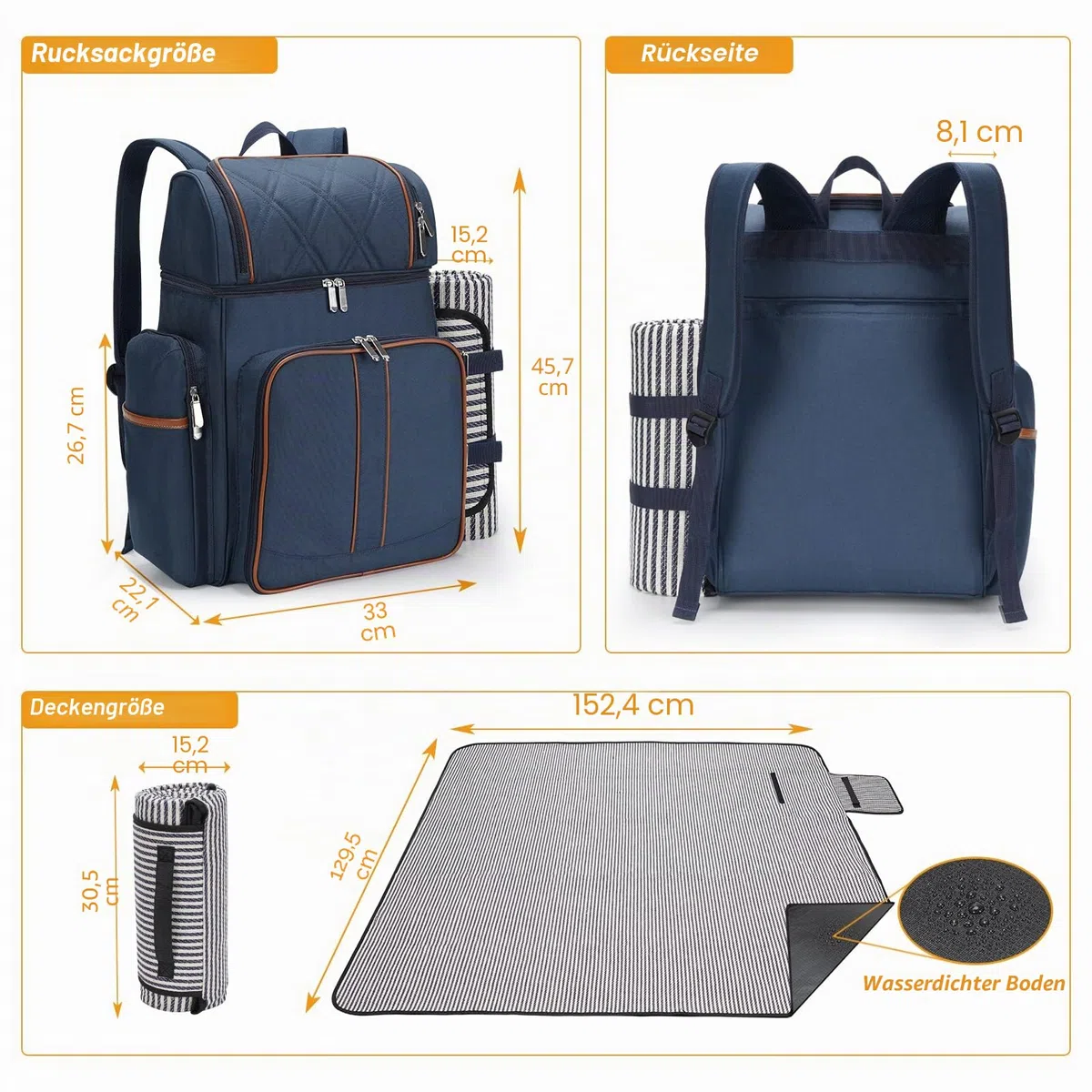 Picknick-Rucksack für 4 Personen, Picknickkorb-Set, auslaufsichere Picknicktasche, Strandkühlrucksack mit isolierter Kühltasche, Picknickdecke, Camping, Park