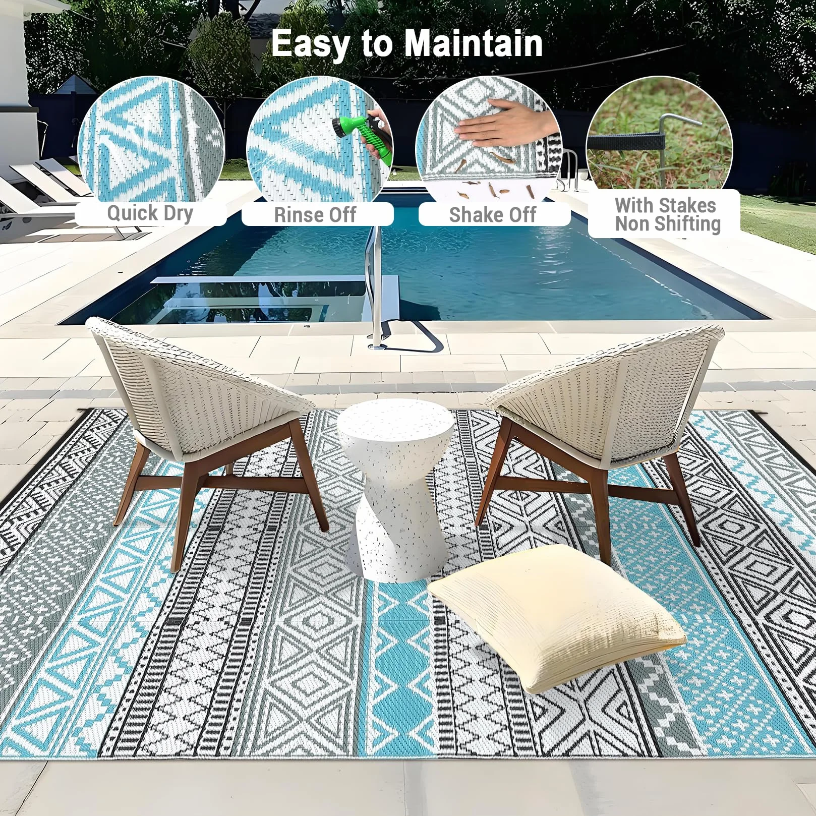 CAROMIO Outdoor Teppich Terrasse 120x240 cm, Wasserdicht. Kunststoffstroh-Teppich Camping, Umkehrbar. Indoor-Outdoor-Teppich Veranda, Terrassendeck, Garten, Balkon, Blau/Grau/Schwarz/Weiß