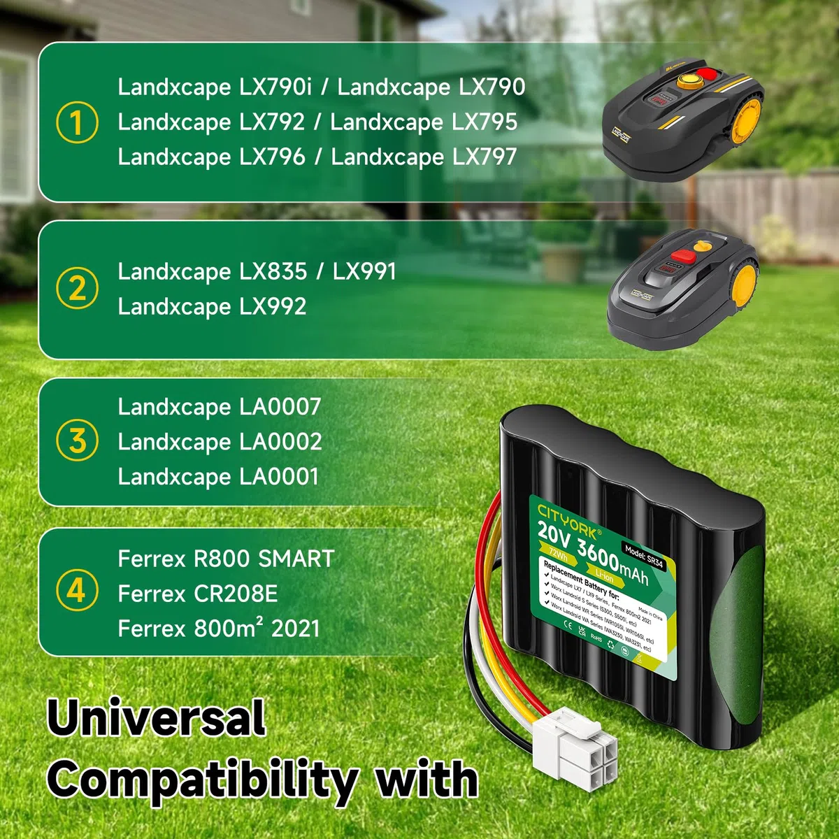 CITYORK 20V Ersatz Akku für Landxcape LX790i LX790 LX792 LX795 LX796 LX797, für Landxcape LX835, LX991 LX992, für Ferrex 800m² 2021 CR208E, R800 SMART, für Kress Mission KR113, KR123E, Nano 600 KR101E