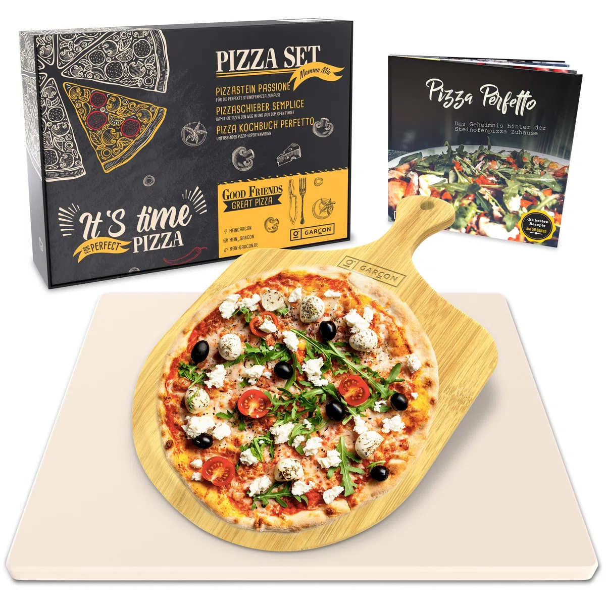 GARCON Pizzastein Set eckig – Pizza Stein für Backofen & Grill, 3-teilig inkl. Pizzaschieber & Rezeptbuch, ideal für Pizza, Flammkuchen & Brot, knuspriger Steinofenboden