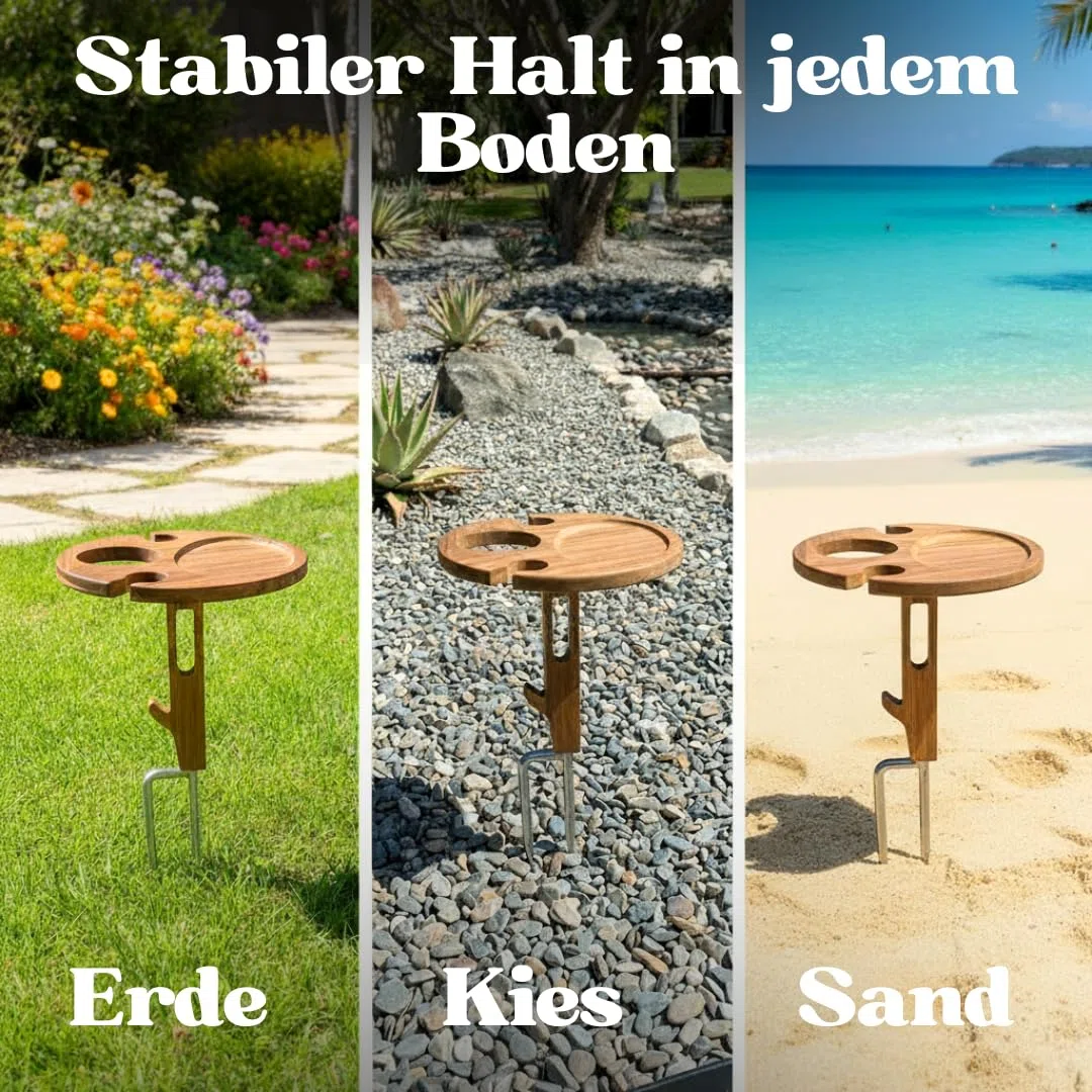 Decozy Life Steckbarer Weinhalter aus Massivholz - klappbarer Picknicktisch – Picknick & Camping Geschenke | Strand Gadget, Garten Gadget & Wein Zubehör | Originelles Camper Geschenk für Weinliebhaber