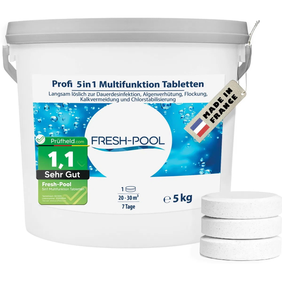 Fresh-Pool Profi 5in1 Multifunktion Tabletten 200g 5 kg - Chlortabletten für Pool mit Algizid und Flockung | Multifunktionstabletten Pool | Multitabs 5 in 1 200g | Chlortabs/Multitabs Pool 200g
