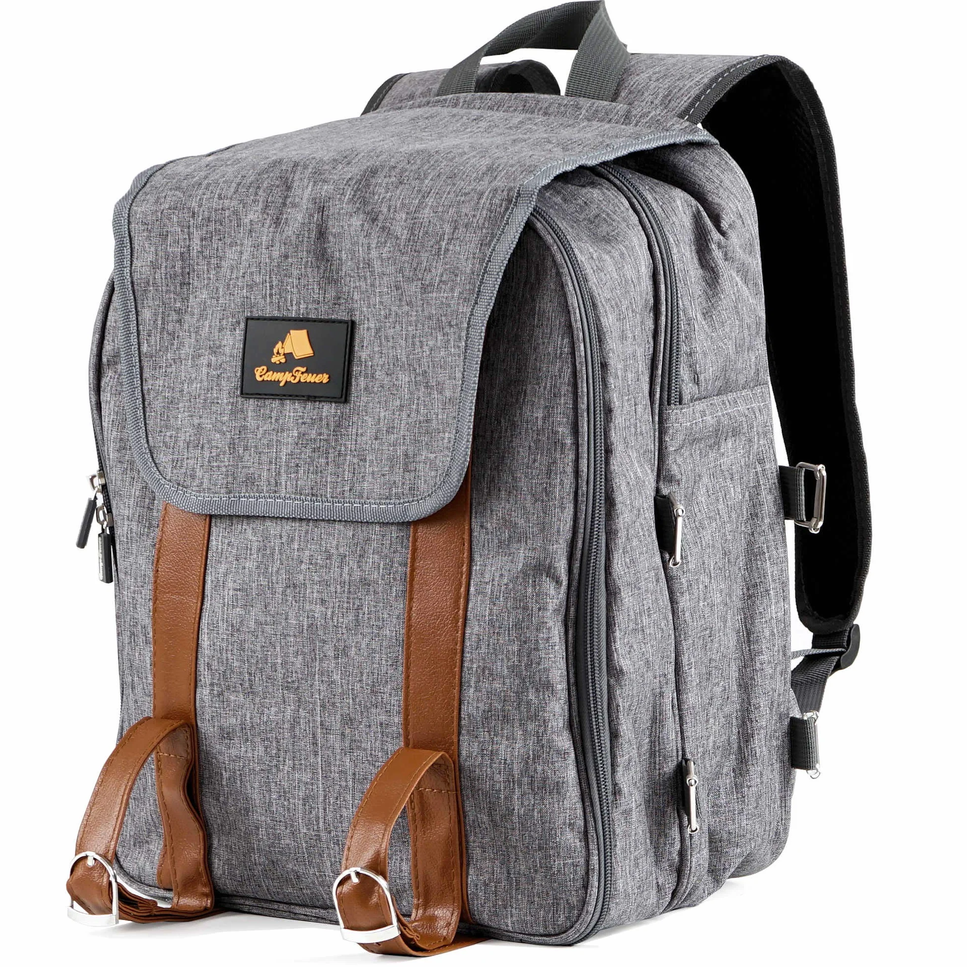 CampFeuer Picknickrucksack für 4 Personen | Picknickset 32-teilig | grau | mit Flaschenhalter, Picknickdecke, großem Kühlfach, Geschirr und Besteck | Rucksack mit Campinggeschirr, Picknickset