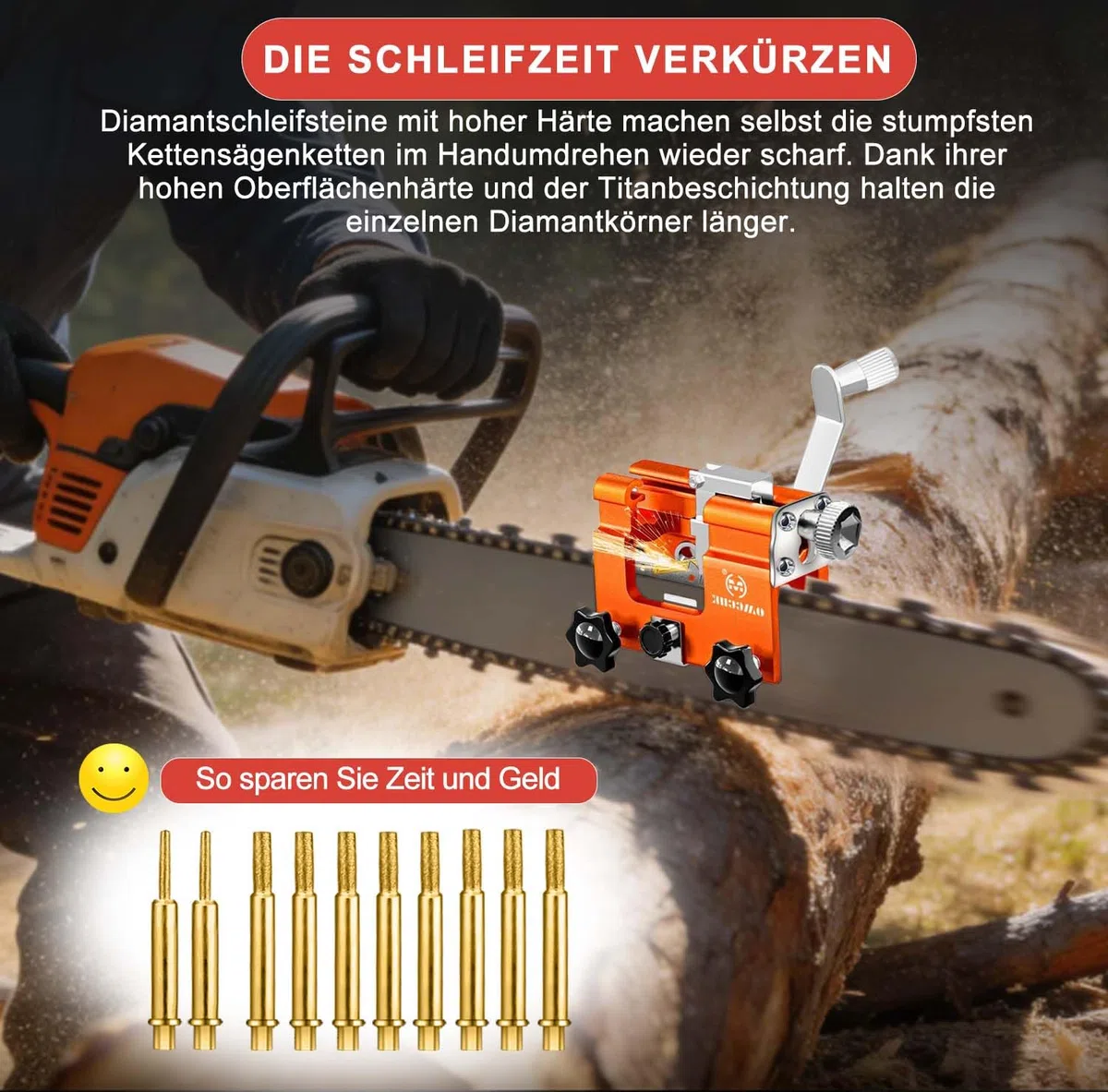 Kettensägen-Schärfwerkzeug mit 10 titanbeschichteten Diamantschleifköpfen, universell tragbares Hand-Schärfgerät für Sägeketten, passend für 4" – 22" Kettensägen