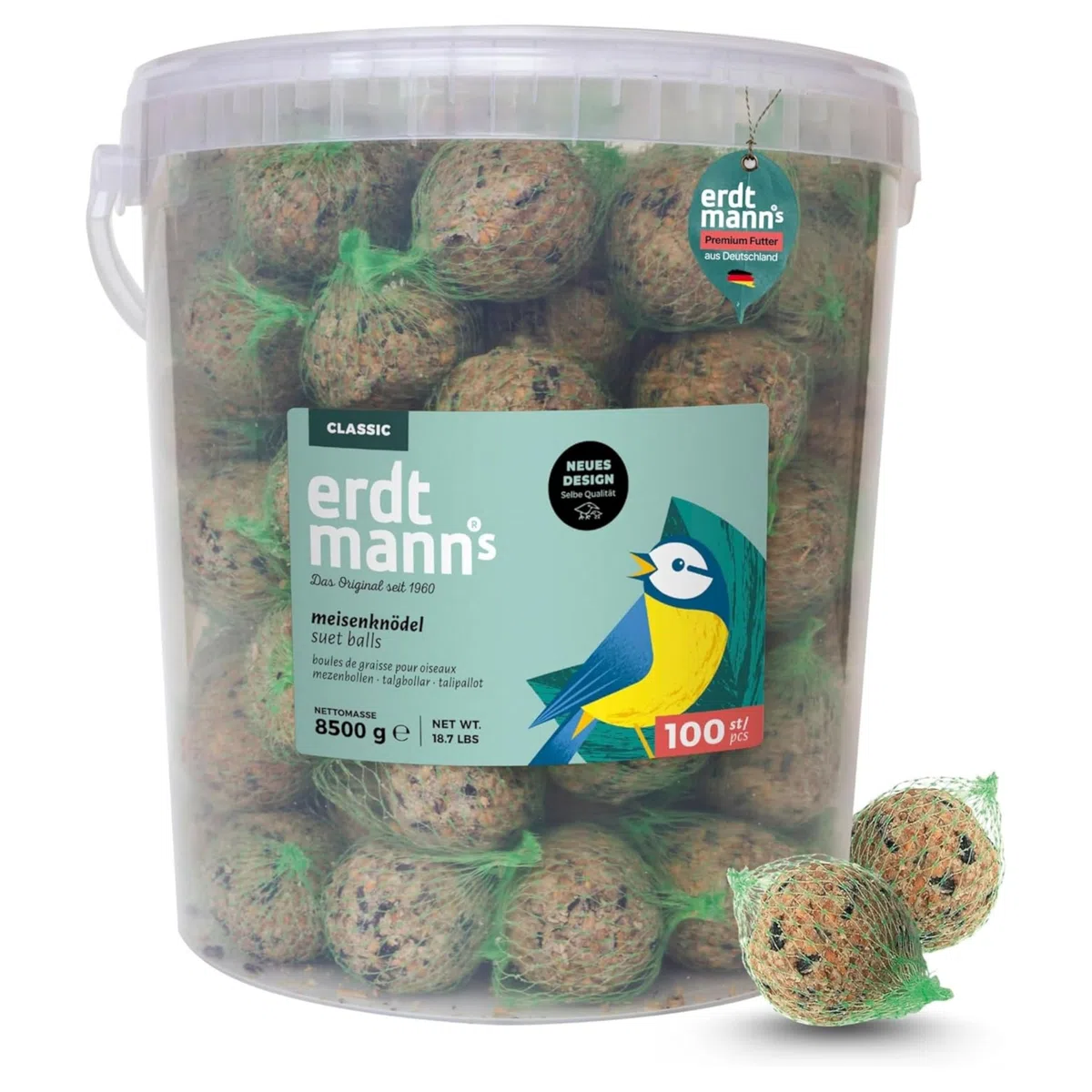 Erdtmanns Meisenknödel mit Netz 100 Stück im Eimer – Wildvogelfutter mit Getreideflocken & Sonnenblumenkernen – für Ganzjahresfütterung – geeignet für Meisen & Co. – wiederverwendbar