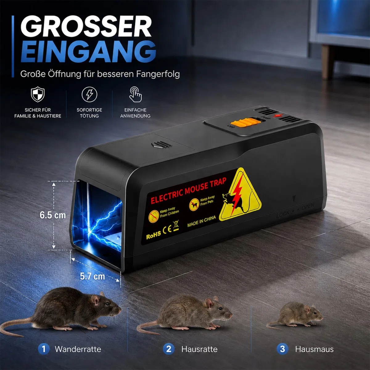Rattenfalle Elektrisch 2800V, Elektrische Mausefalle mit Großem Einlass, Wiederverwendbar, Hygienisch, Für Haus, Keller, Garage