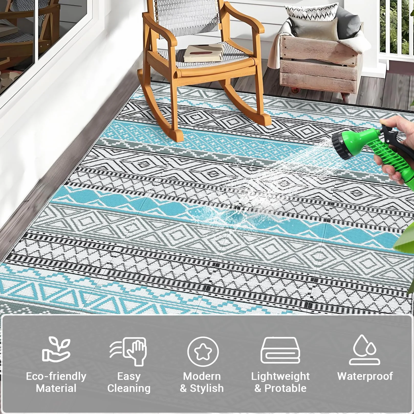 CAROMIO Outdoor Teppich Terrasse 120x240 cm, Wasserdicht. Kunststoffstroh-Teppich Camping, Umkehrbar. Indoor-Outdoor-Teppich Veranda, Terrassendeck, Garten, Balkon, Blau/Grau/Schwarz/Weiß