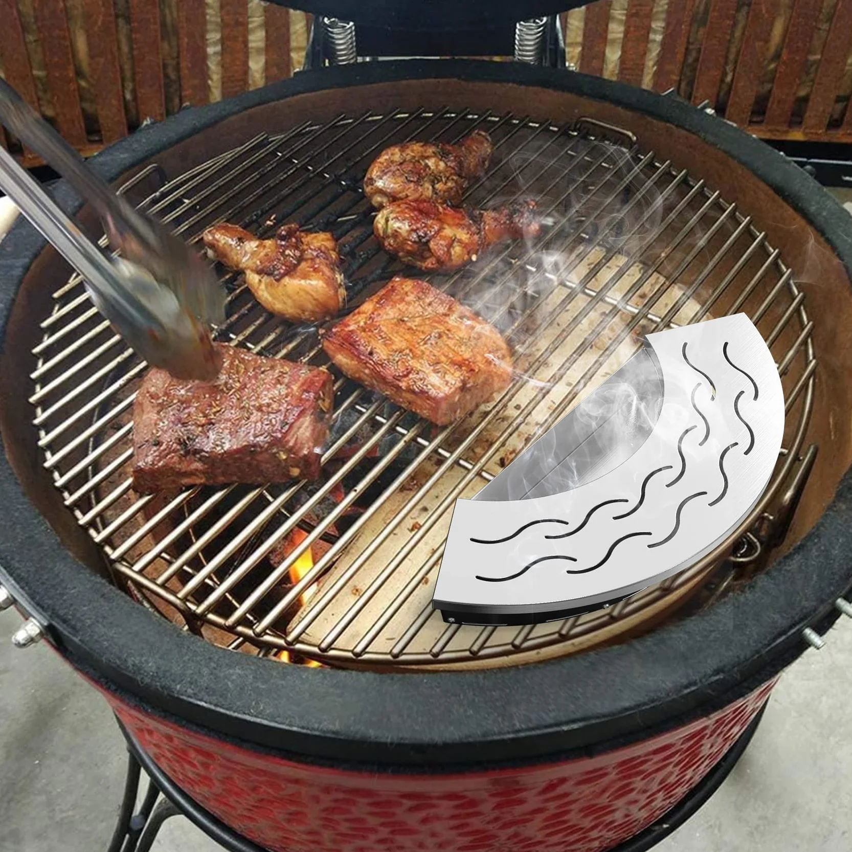 Onlyfire Fächerförmige Räucherbox mit abnehmbarem Wasserreservoir für Weber 47–57 cm Wasserkocher, Kamado Joe Classic, Kompatibel für Large Big Green Egg und andere ähnliche Holzkohlekessel