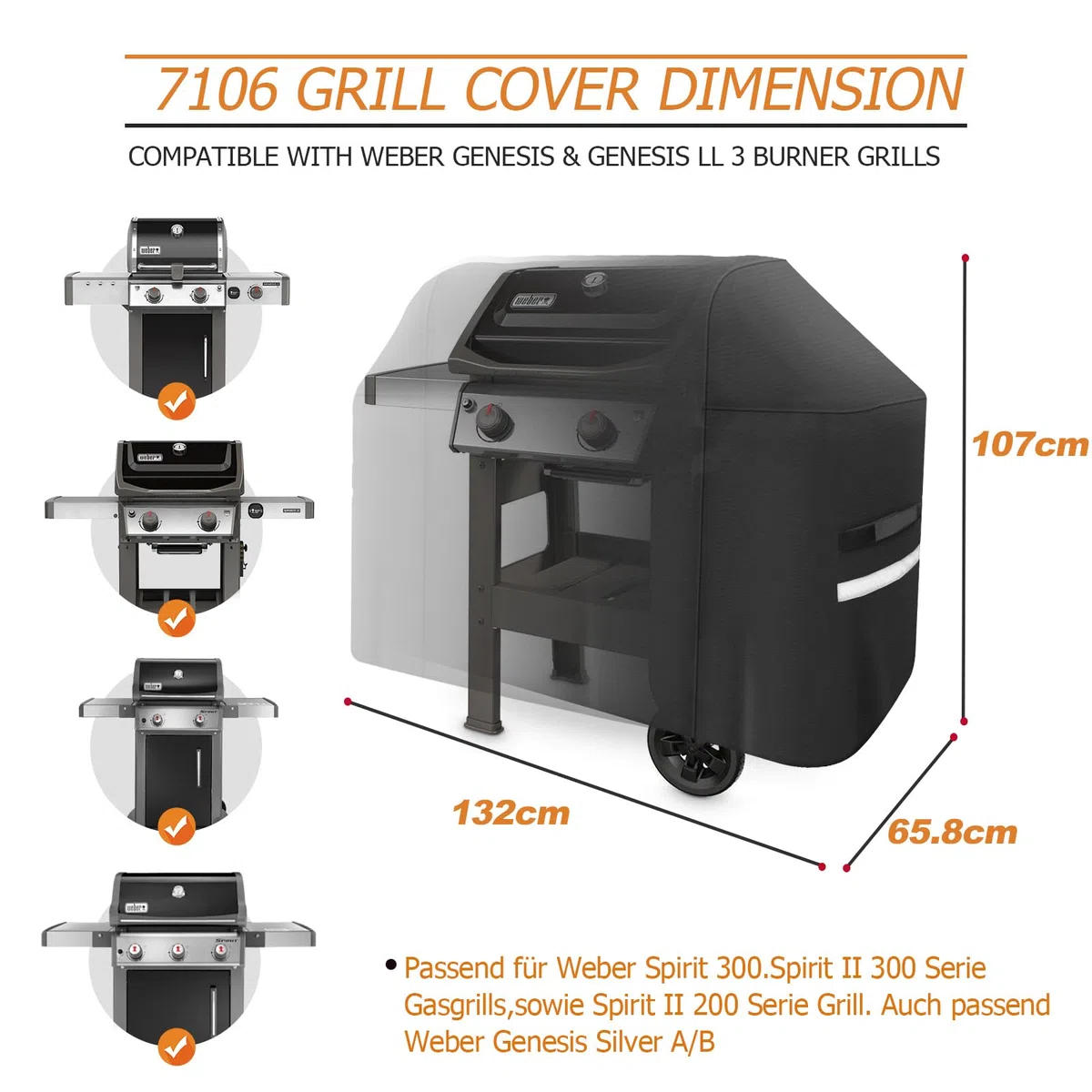 7106 Grillabdeckung für Weber Spirit 200 und 300 Serie Grills, Wetterfest Grill Abdeckung for Spirit II 300 Series, Heavy Duty 132CM Ersatz Abdeckhaube Gasgrill Uv-Beständige für Weber Spirit II E310