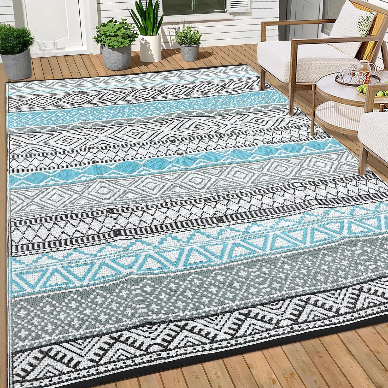 CAROMIO Outdoor Teppich Terrasse 120x240 cm, Wasserdicht. Kunststoffstroh-Teppich Camping, Umkehrbar. Indoor-Outdoor-Teppich Veranda, Terrassendeck, Garten, Balkon, Blau/Grau/Schwarz/Weiß