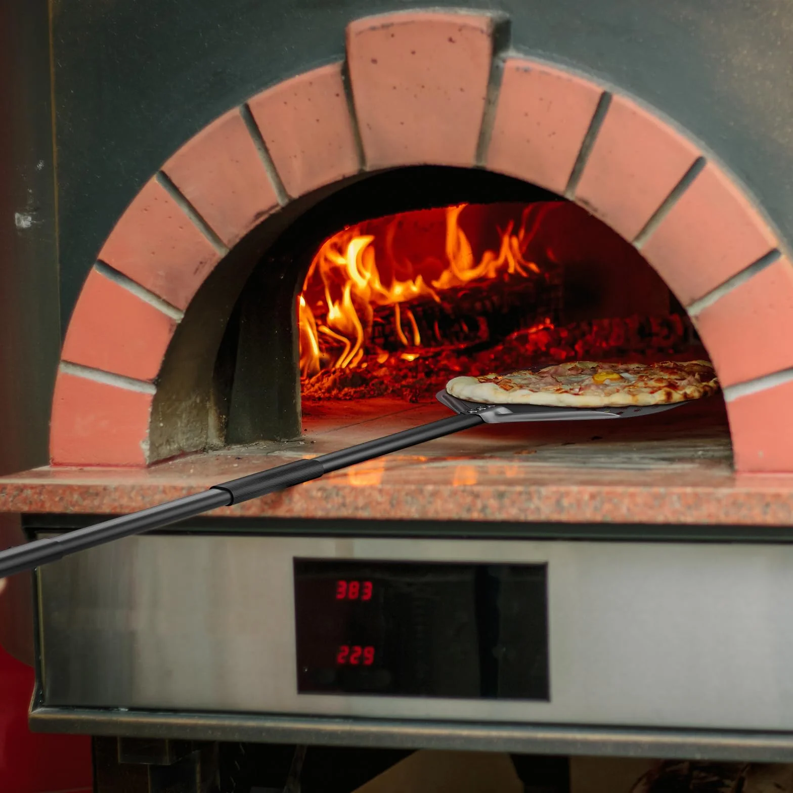 Perforierter Pizzaschaufel aus Harteloxiertem Aluminium zum Leichten Gleiten auf Pizzastein, Rechteckig Großer Fläche & Abnehmbaren Griff für Grill Pizzaofen 34,7cm / Länge 118cm
